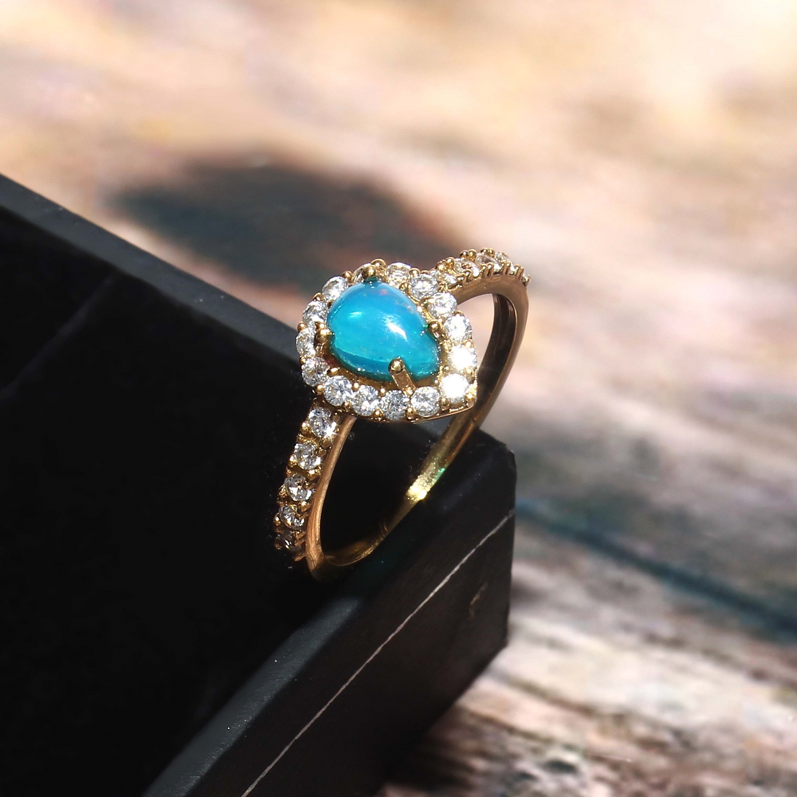 Gold Plated 925 Sterling Silver Pear Opal Dyed And CZ Rings