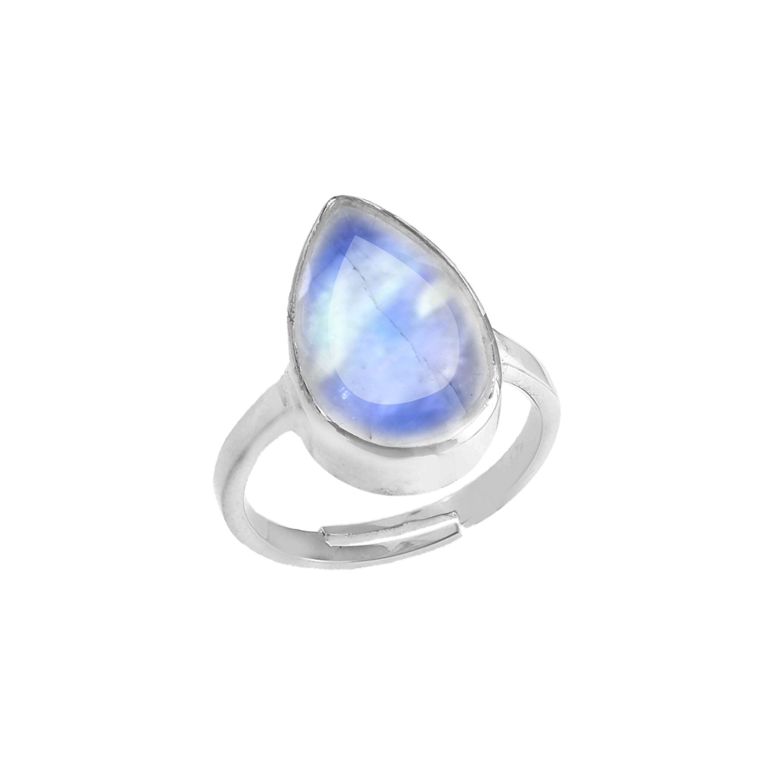 Adjustable 925 Sterling Silver Pear Rainbow Moonstone Ring