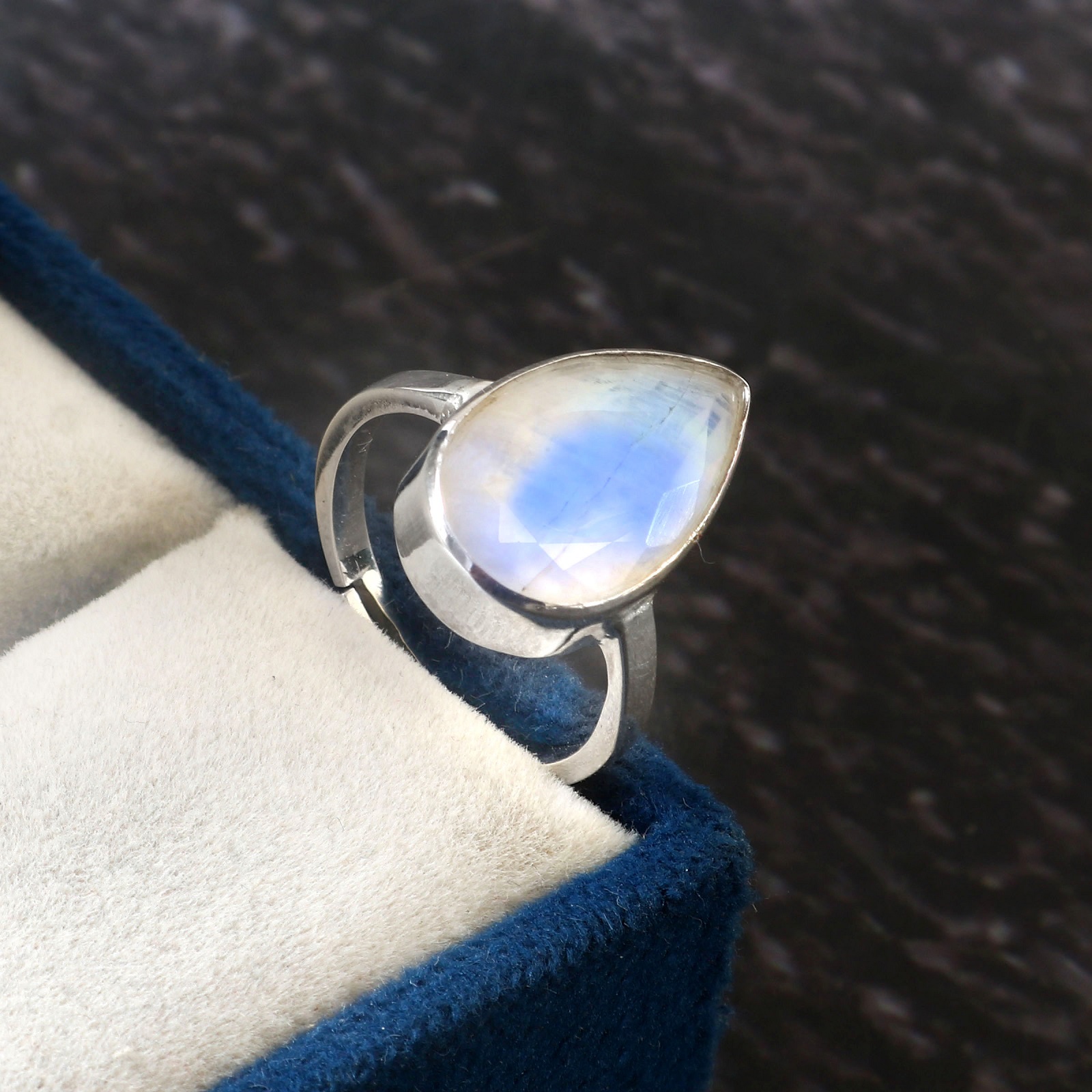 Adjustable 925 Sterling Silver Pear Rainbow Moonstone Ring