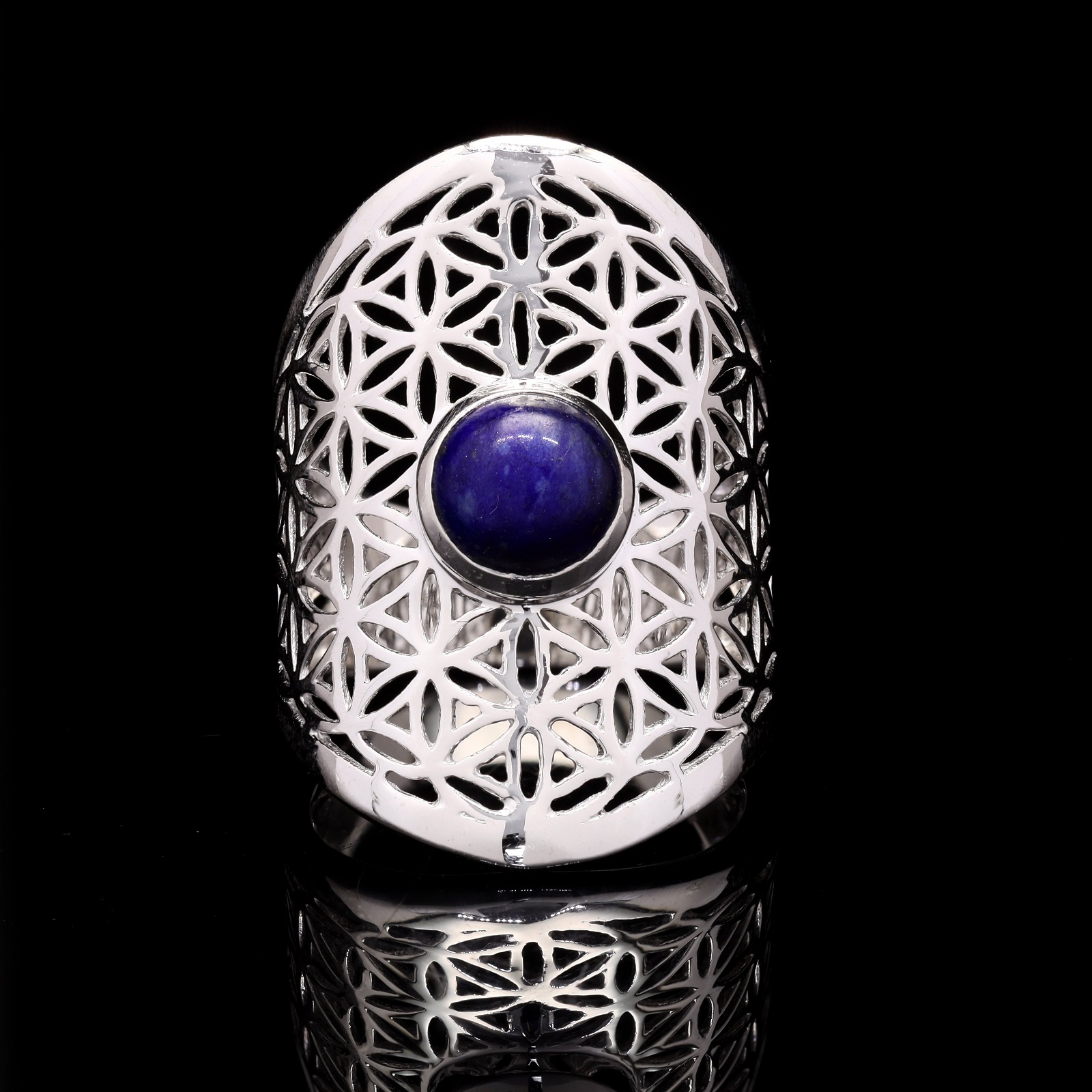 925 Sterling Silver Round Lapis Lazuli Mandala Design Rings