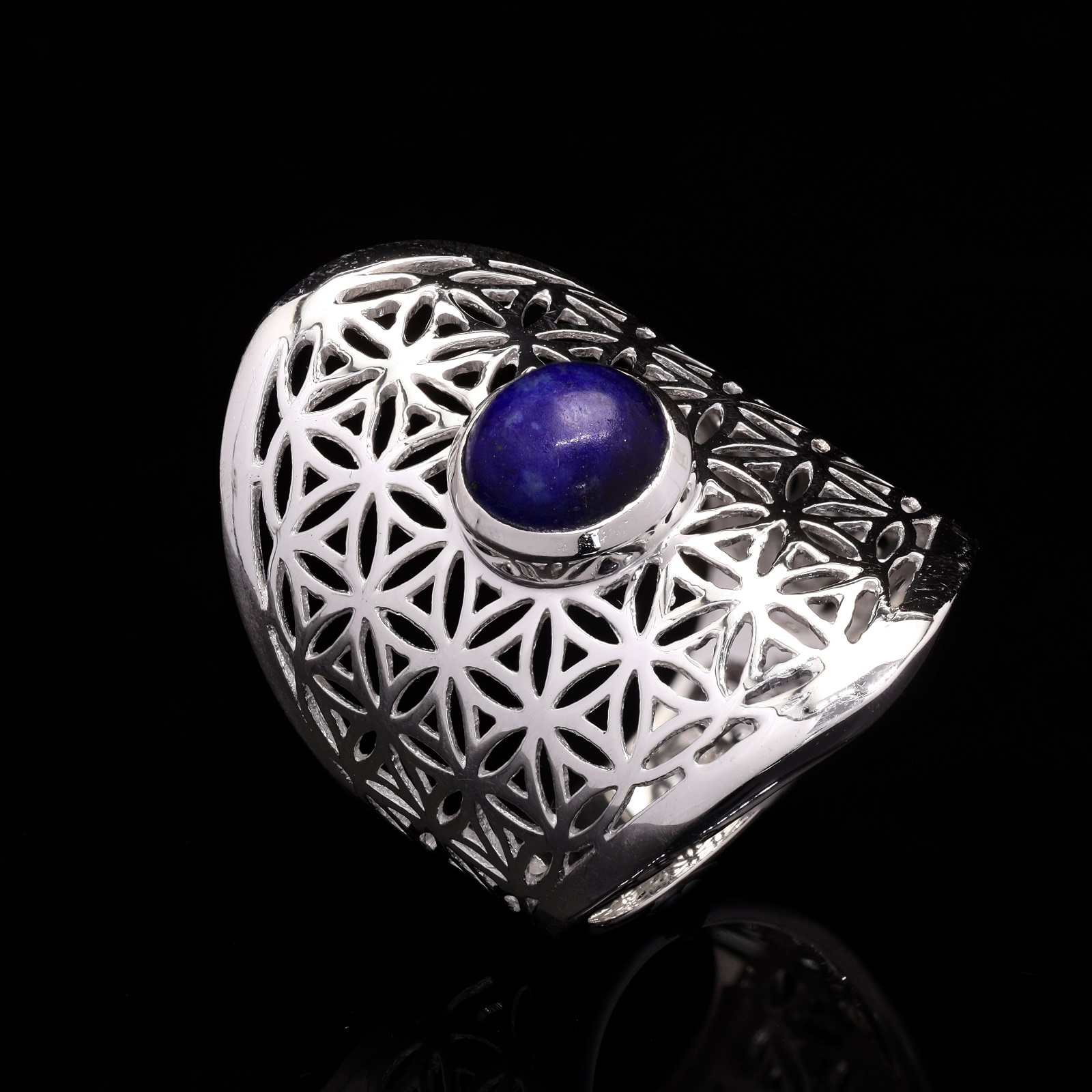925 Sterling Silver Round Lapis Lazuli Mandala Design Rings