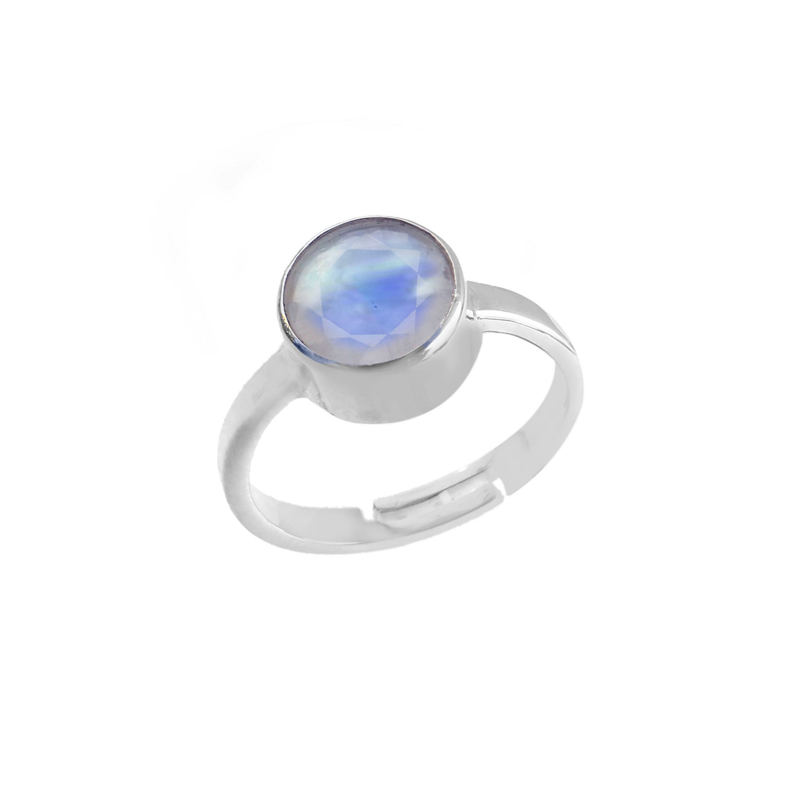 Adjustable 925 Sterling Silver Round Rainbow Moonstone Ring