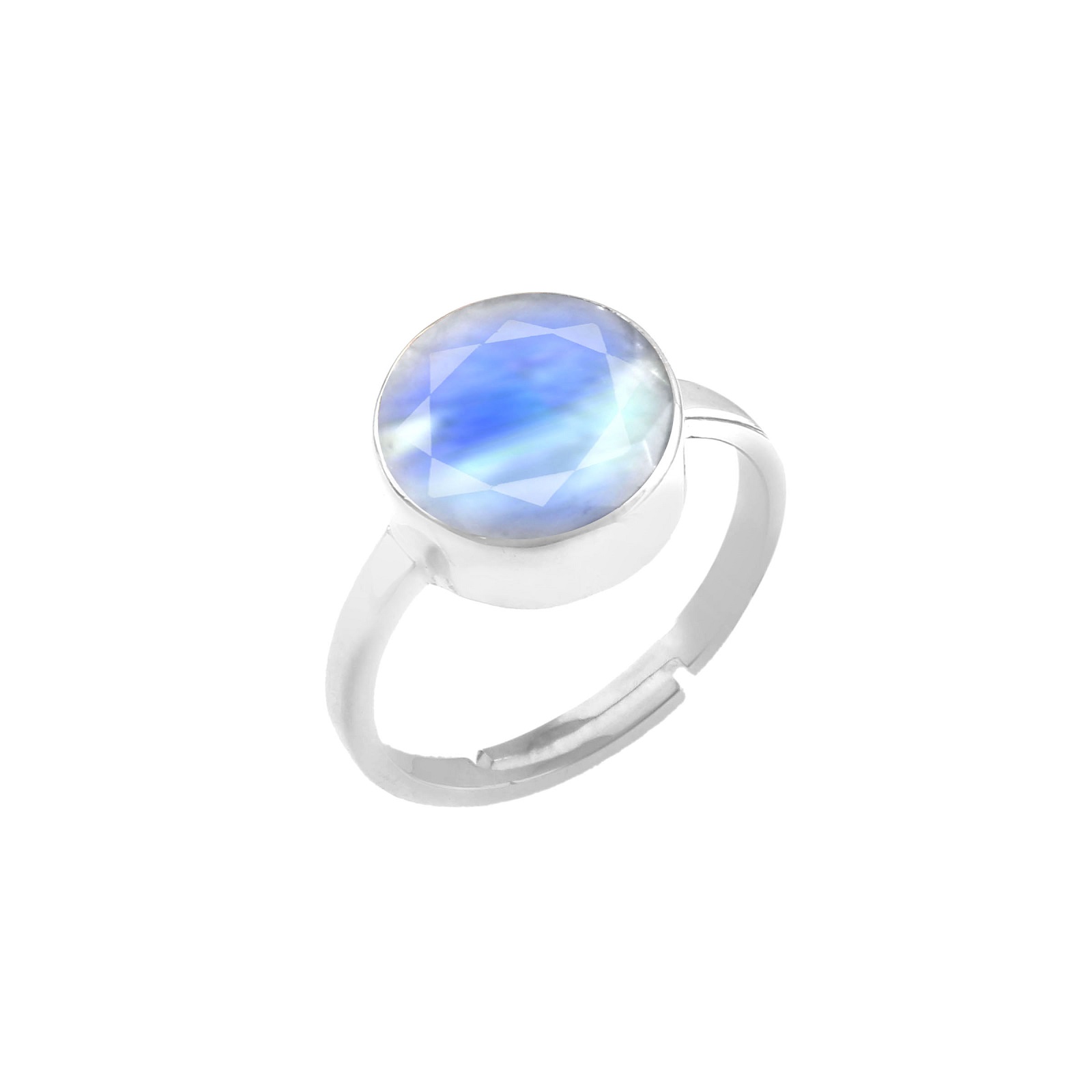 Adjustable 925 Sterling Silver Round Rainbow Moonstone Ring