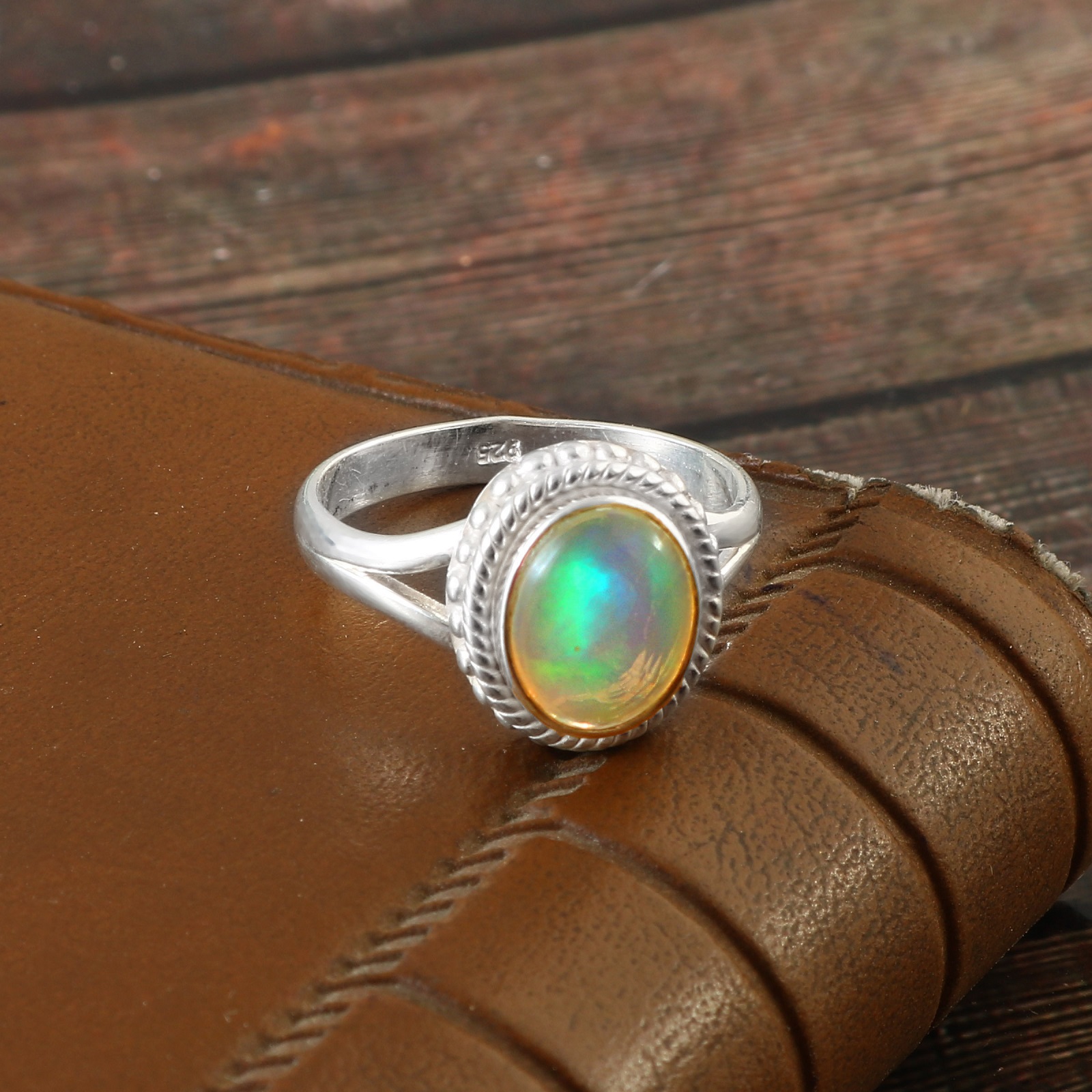 925 Sterling Silver Oval Fire Opal Dyed Ring For Women