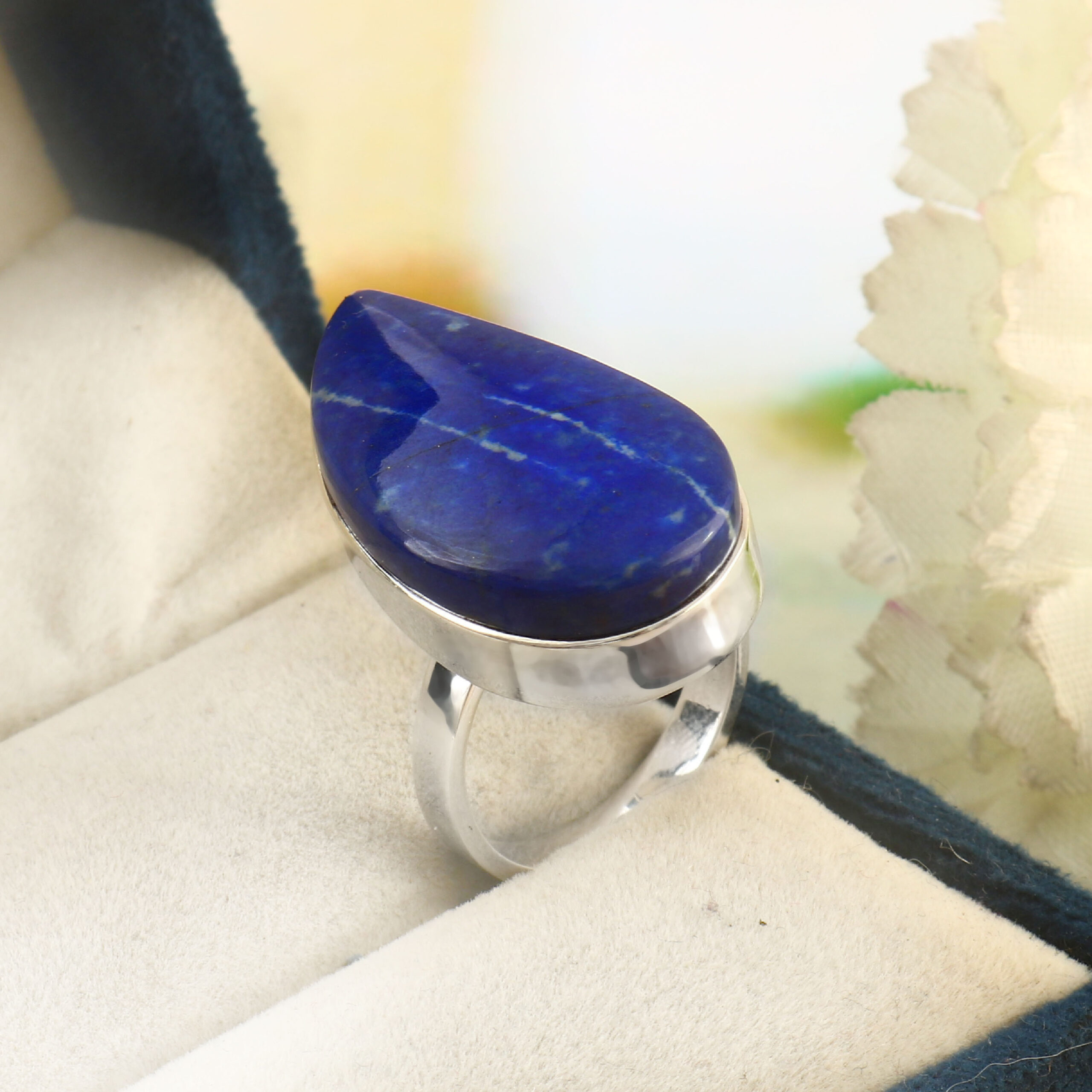 925 Sterling Silver Women's Bezel Setting Lapis Lazuli Leaf Style Classic Ring