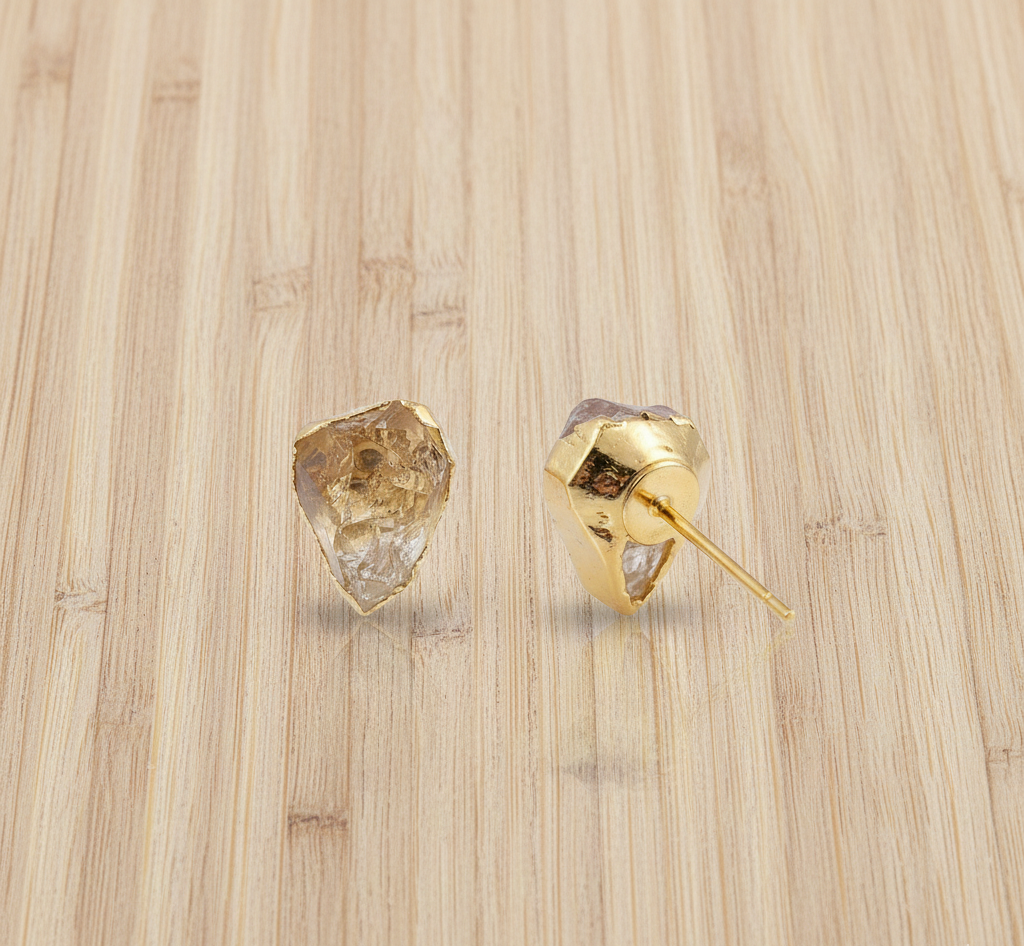 Women's 925 Sterling Silver Gold Plated Raw Herkimer Diamond Stud Earrings
