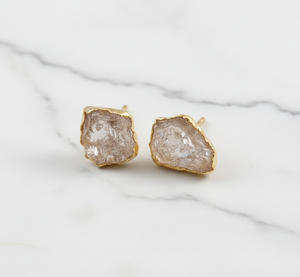 Women's 925 Sterling Silver Gold Plated Raw Herkimer Diamond Stud Earrings