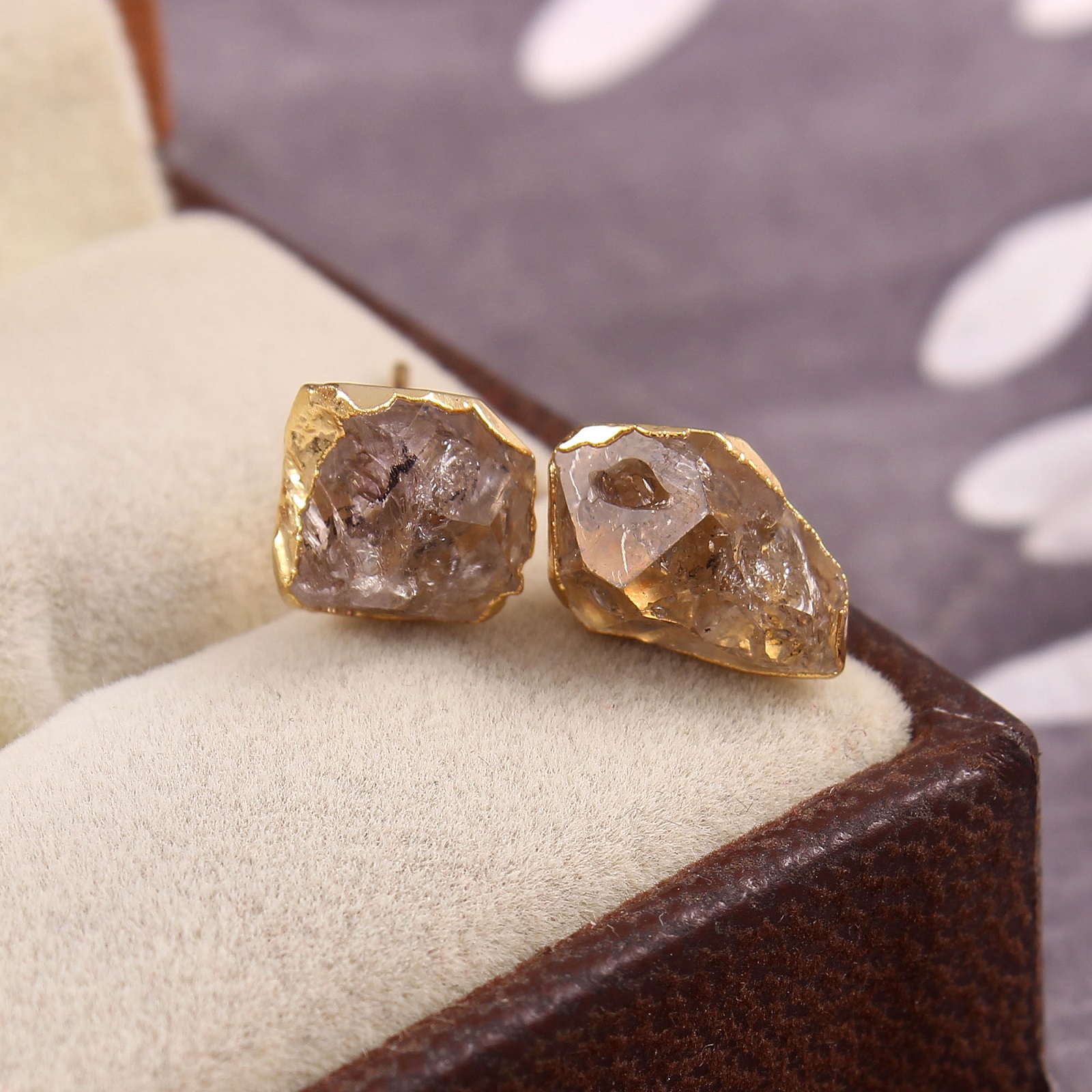 Women's 925 Sterling Silver Gold Plated Raw Herkimer Diamond Stud Earrings