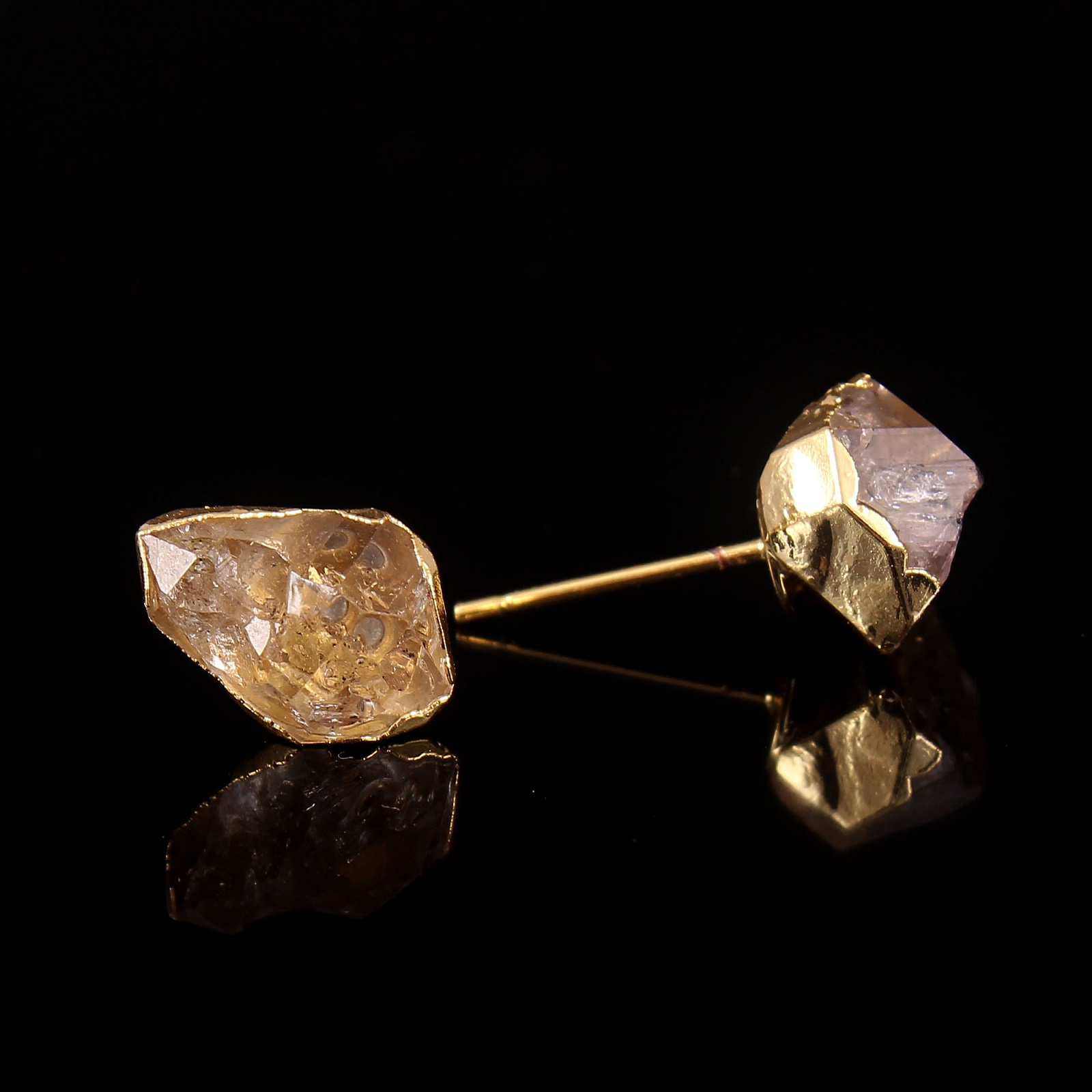 Women's 925 Sterling Silver Gold Plated Raw Herkimer Diamond Stud Earrings