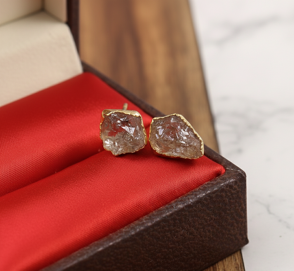 Women's 925 Sterling Silver Gold Plated Raw Herkimer Diamond Stud Earrings