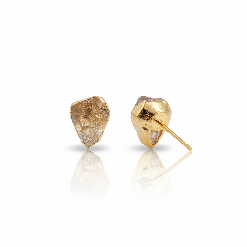 Women's 925 Sterling Silver Gold Plated Raw Herkimer Diamond Stud Earrings