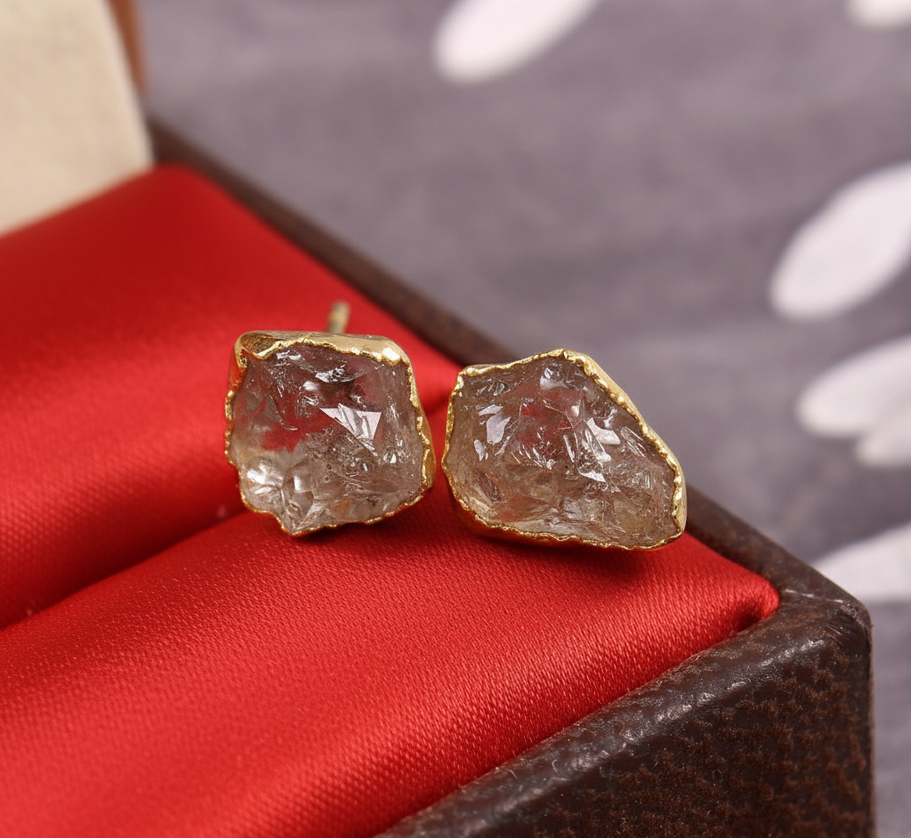 Women's 925 Sterling Silver Gold Plated Raw Herkimer Diamond Stud Earrings