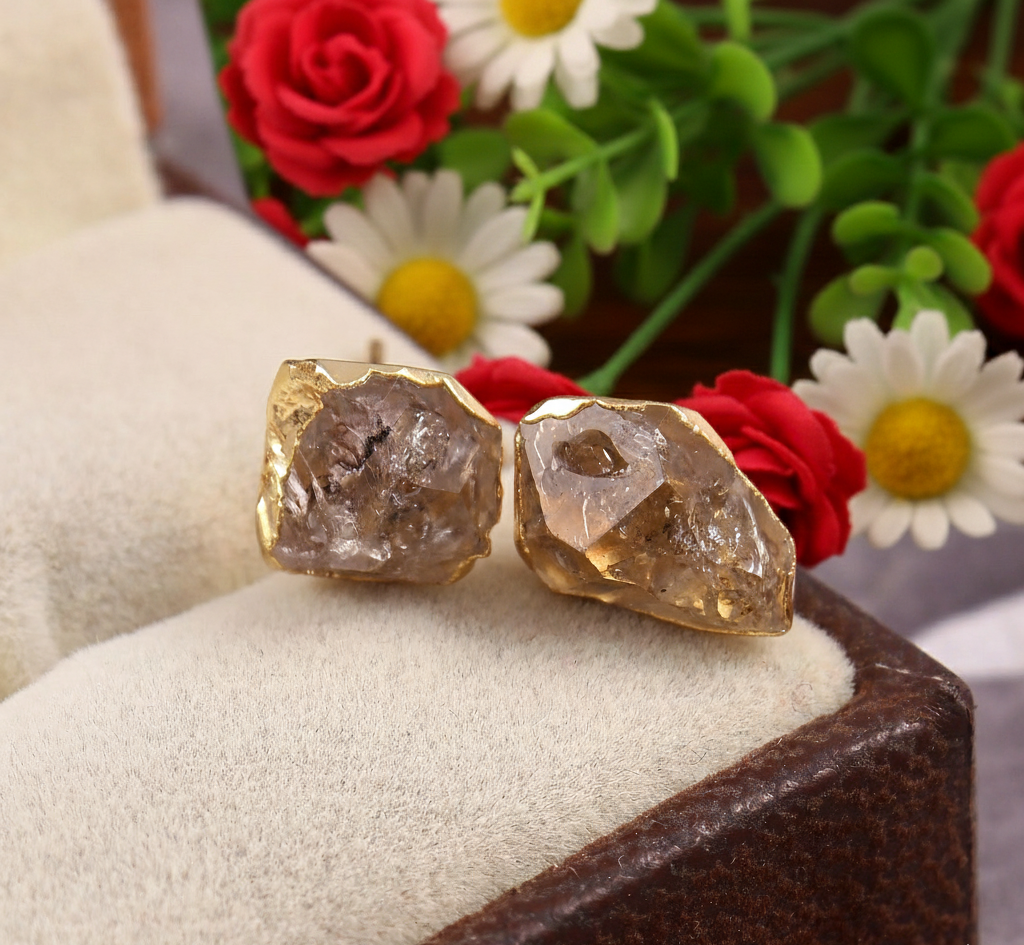 Women's 925 Sterling Silver Gold Plated Raw Herkimer Diamond Stud Earrings