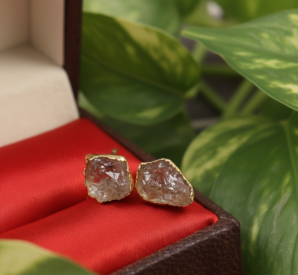 Women's 925 Sterling Silver Gold Plated Raw Herkimer Diamond Stud Earrings