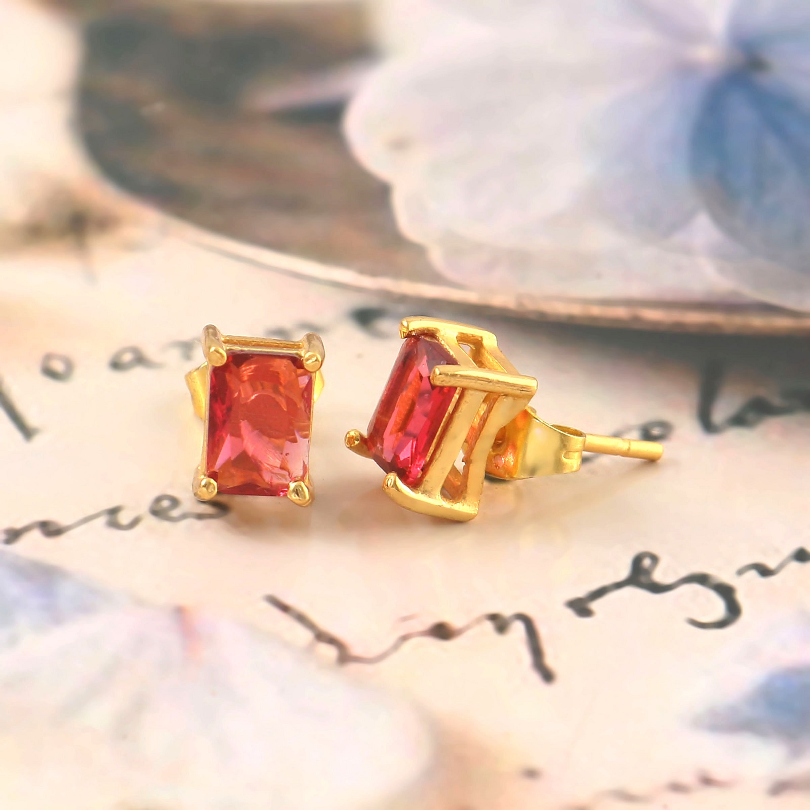 925 Sterling Silver Cute Pink CZ Stud Earrings Gold Plated