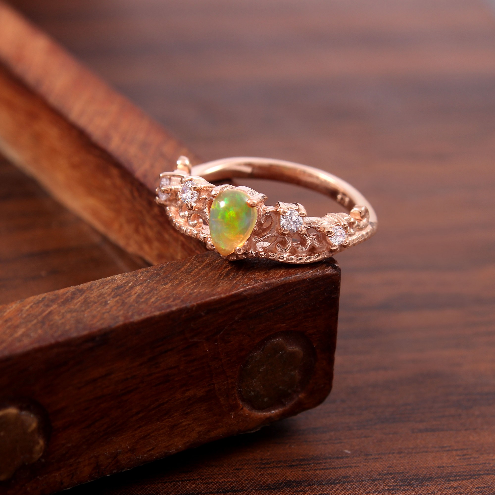 Rose Gold Plated 925 Sterling Silver Opal And White CZ Eternity Ring