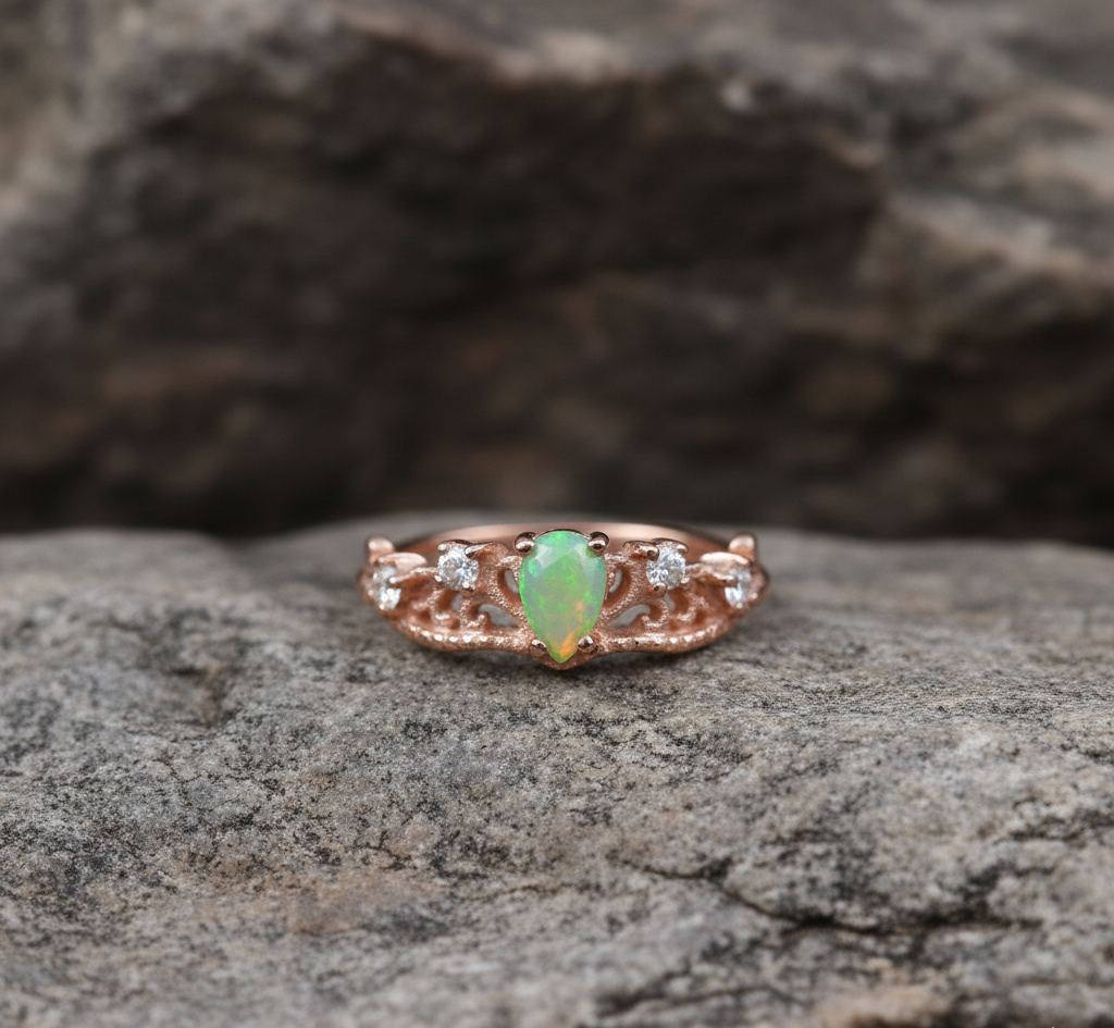 Rose Gold Plated 925 Sterling Silver Opal And White CZ Eternity Ring