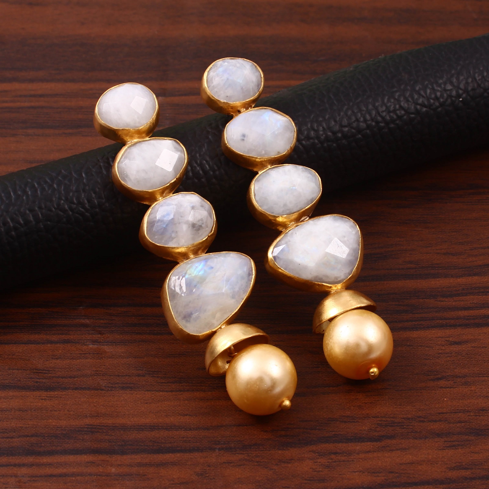 925 Silver Random Shape Rainbow Moonstone Drop Earrings