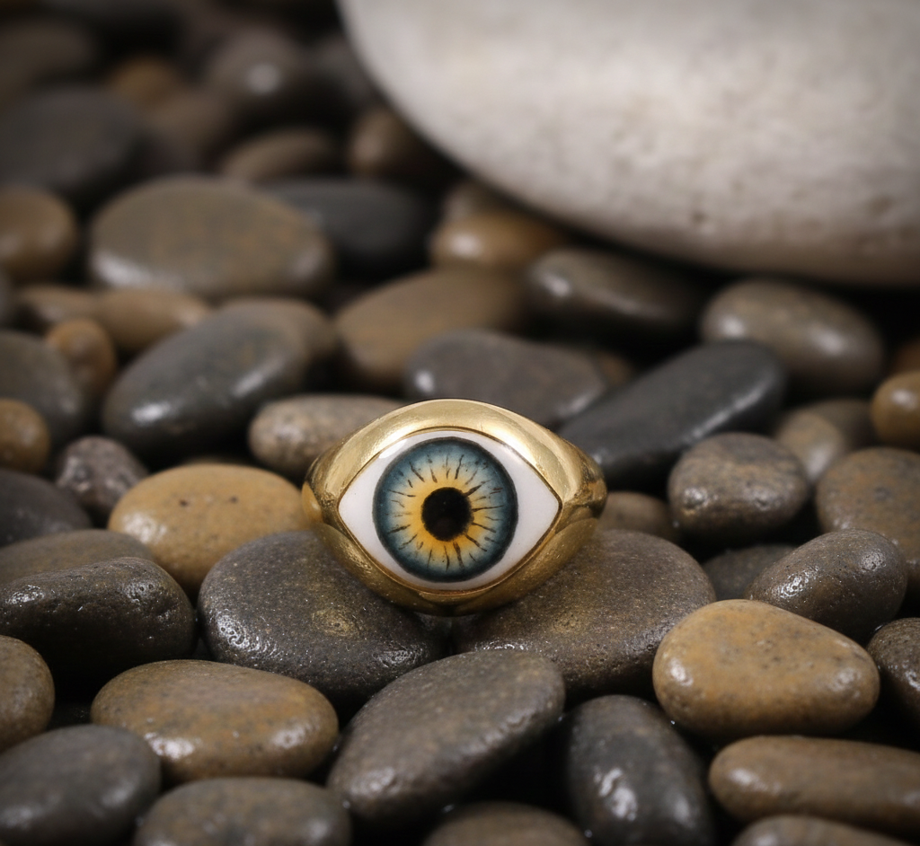 Gold Plated 925 Sterling Silver Classic Engagement Eye Enamel Ring