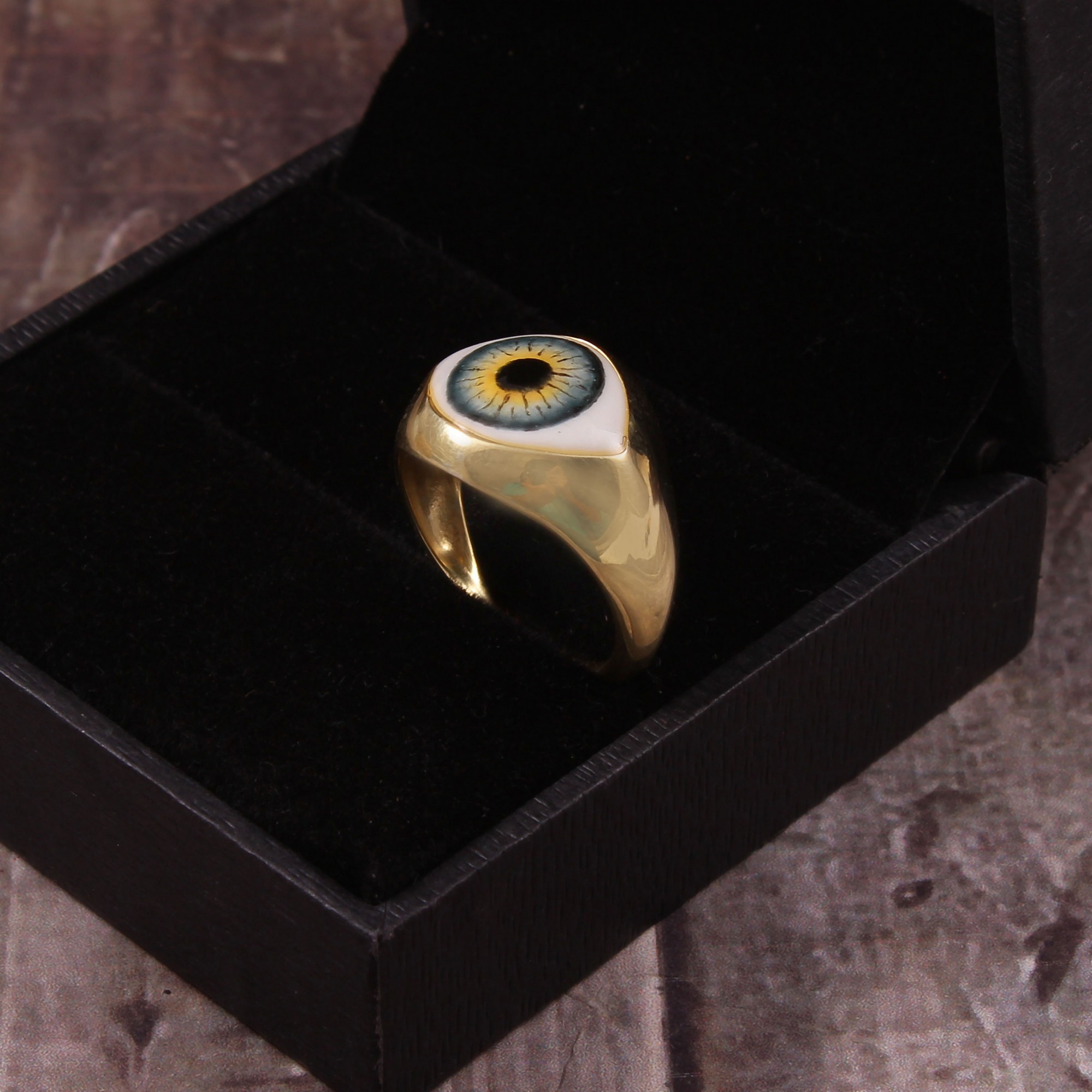 Gold Plated 925 Sterling Silver Classic Engagement Eye Enamel Ring