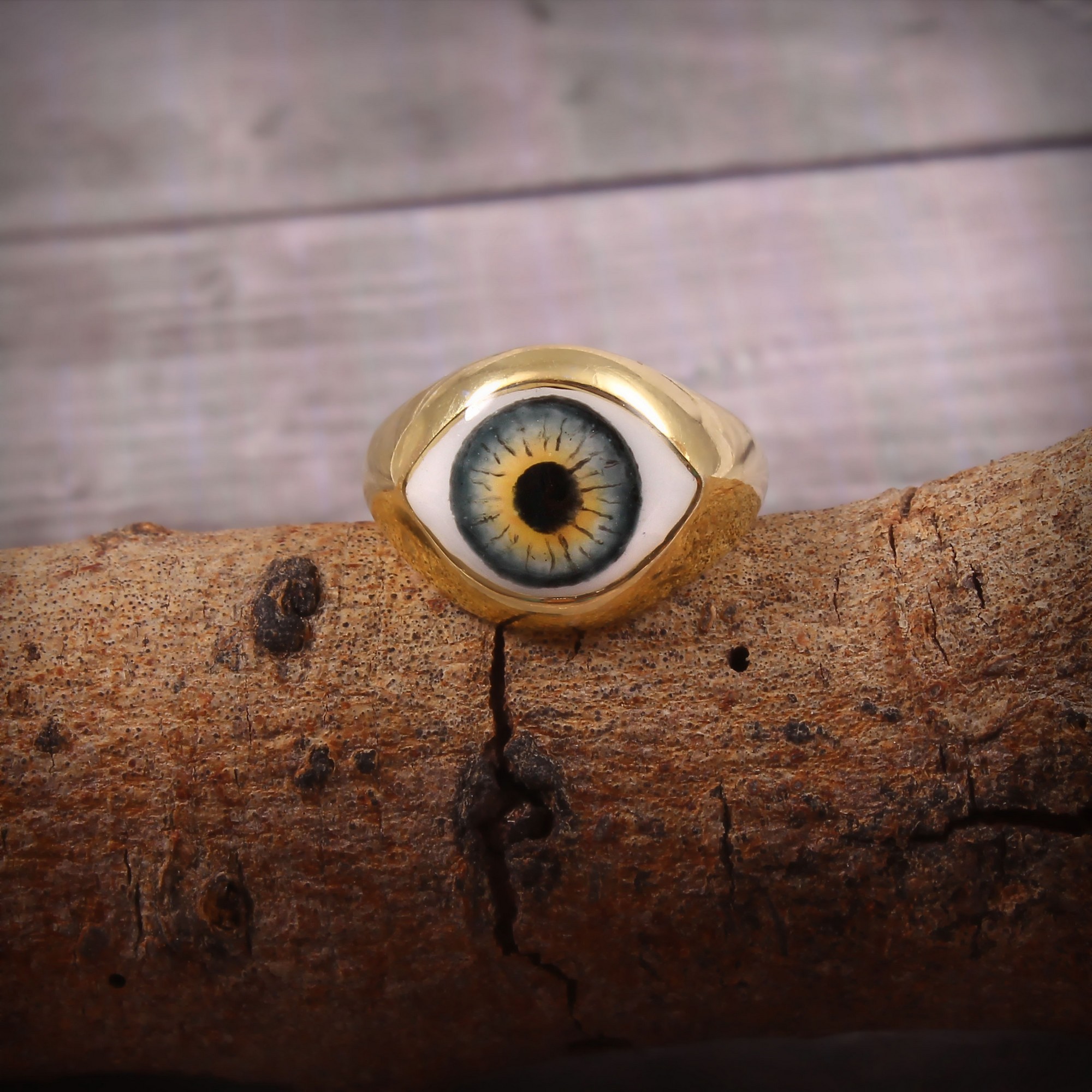 Gold Plated 925 Sterling Silver Classic Engagement Eye Enamel Ring