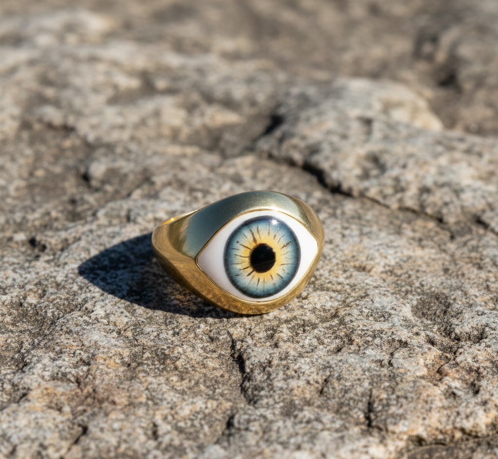 Gold Plated 925 Sterling Silver Classic Engagement Eye Enamel Ring