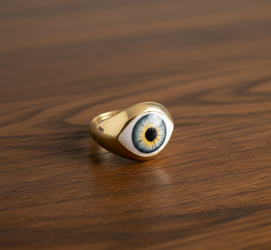 Gold Plated 925 Sterling Silver Classic Engagement Eye Enamel Ring