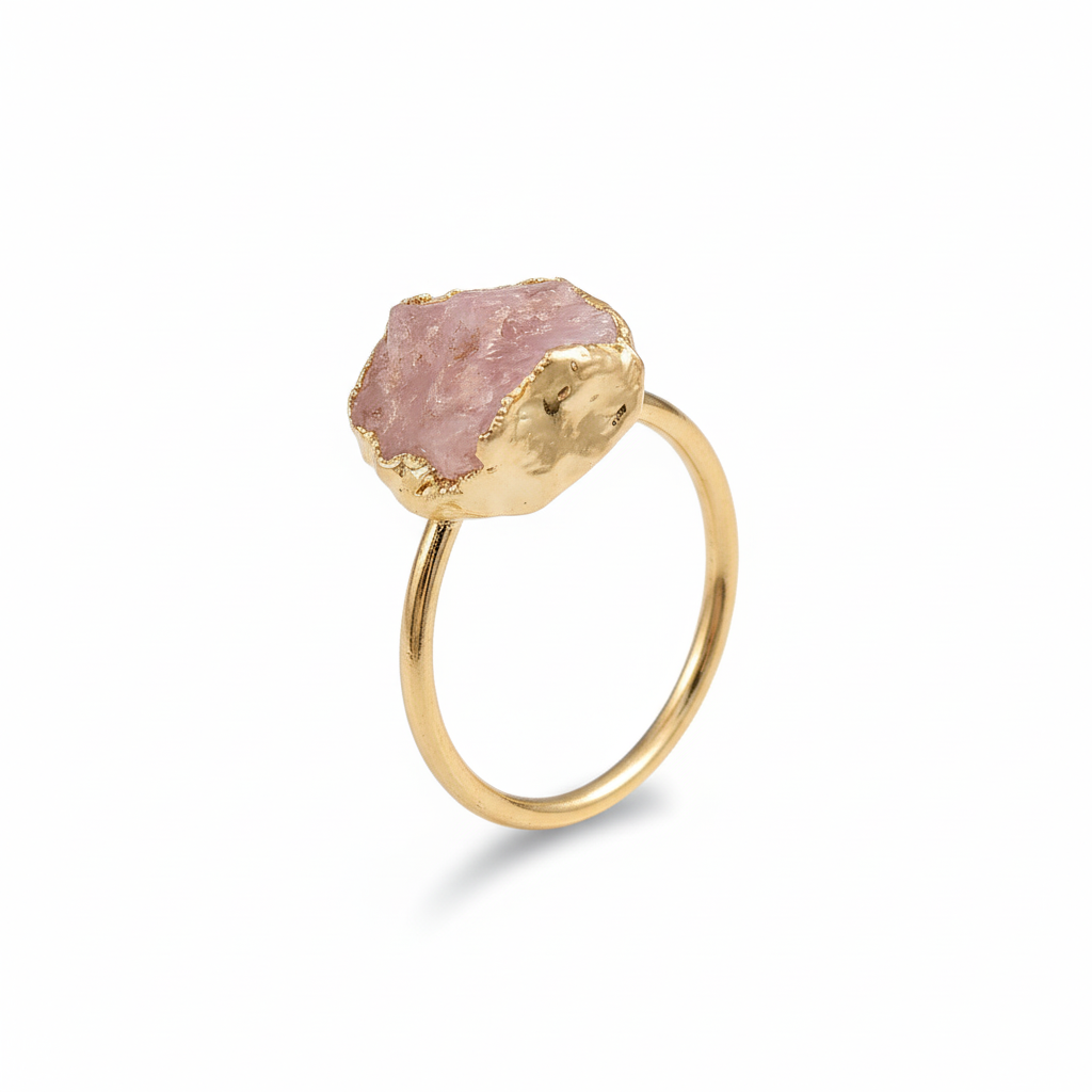925 Sterling Silver Natural Raw Rose Quartz Gold Plated Ring