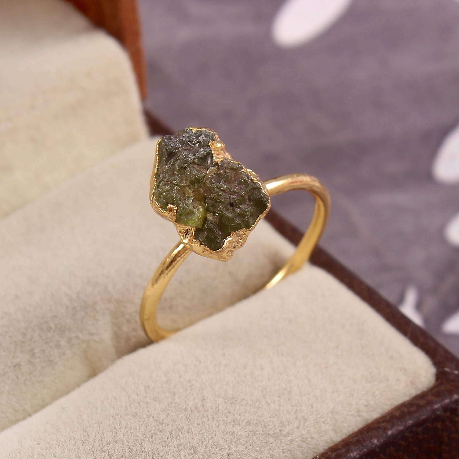 925 Sterling Silver Rugged Peridot Electroplated Gold Handmade Ring
