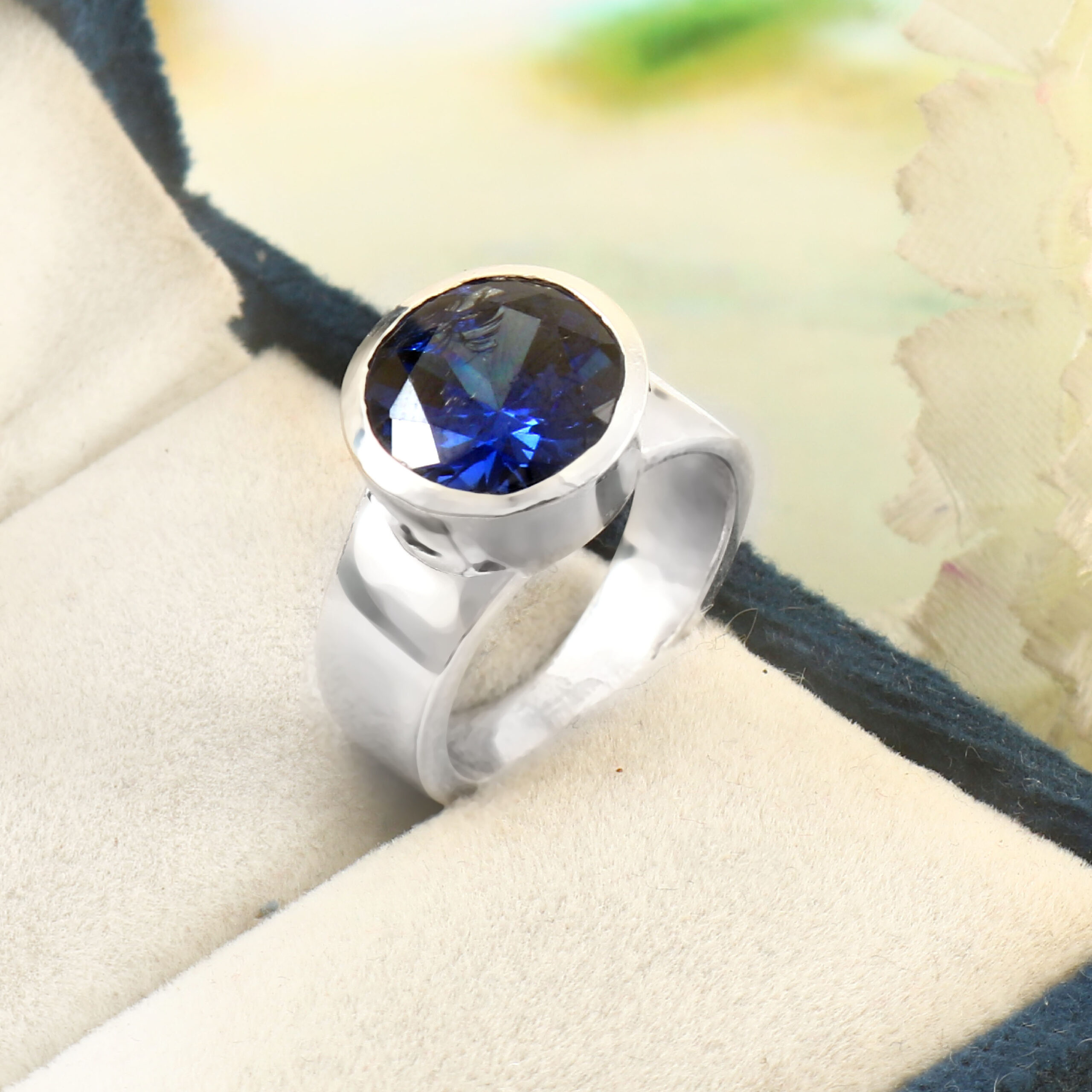 925 Sterling Silver Blue Topaz Hydro Stone Bezel Setting Engagement Ring