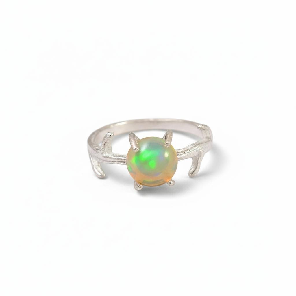925 Sterling Silver Classic Style Fire Opal Gemstone Ring