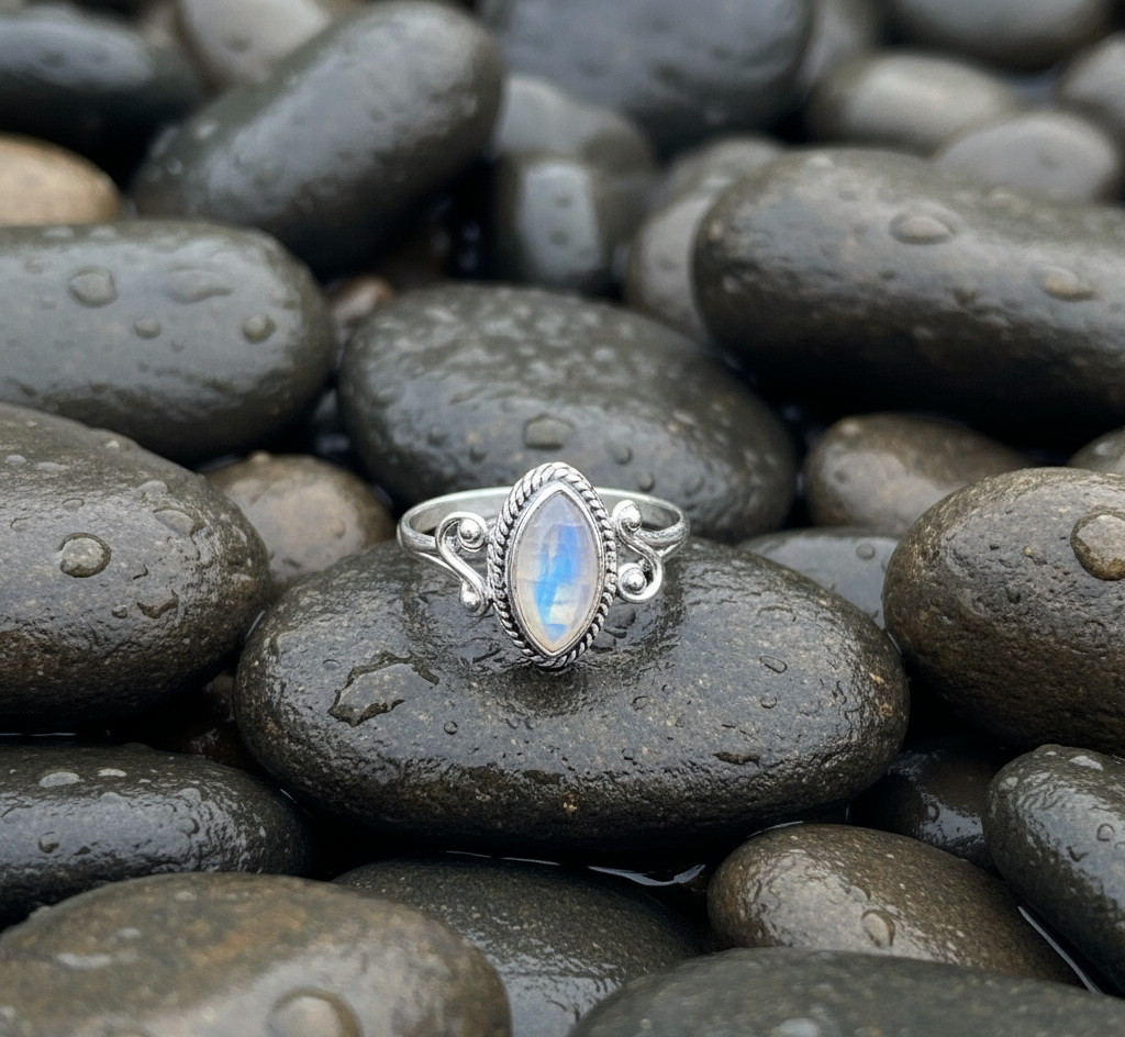 Women's 925 Sterling Silver Bezel Setting Marquise Rainbow Moonstone Ring