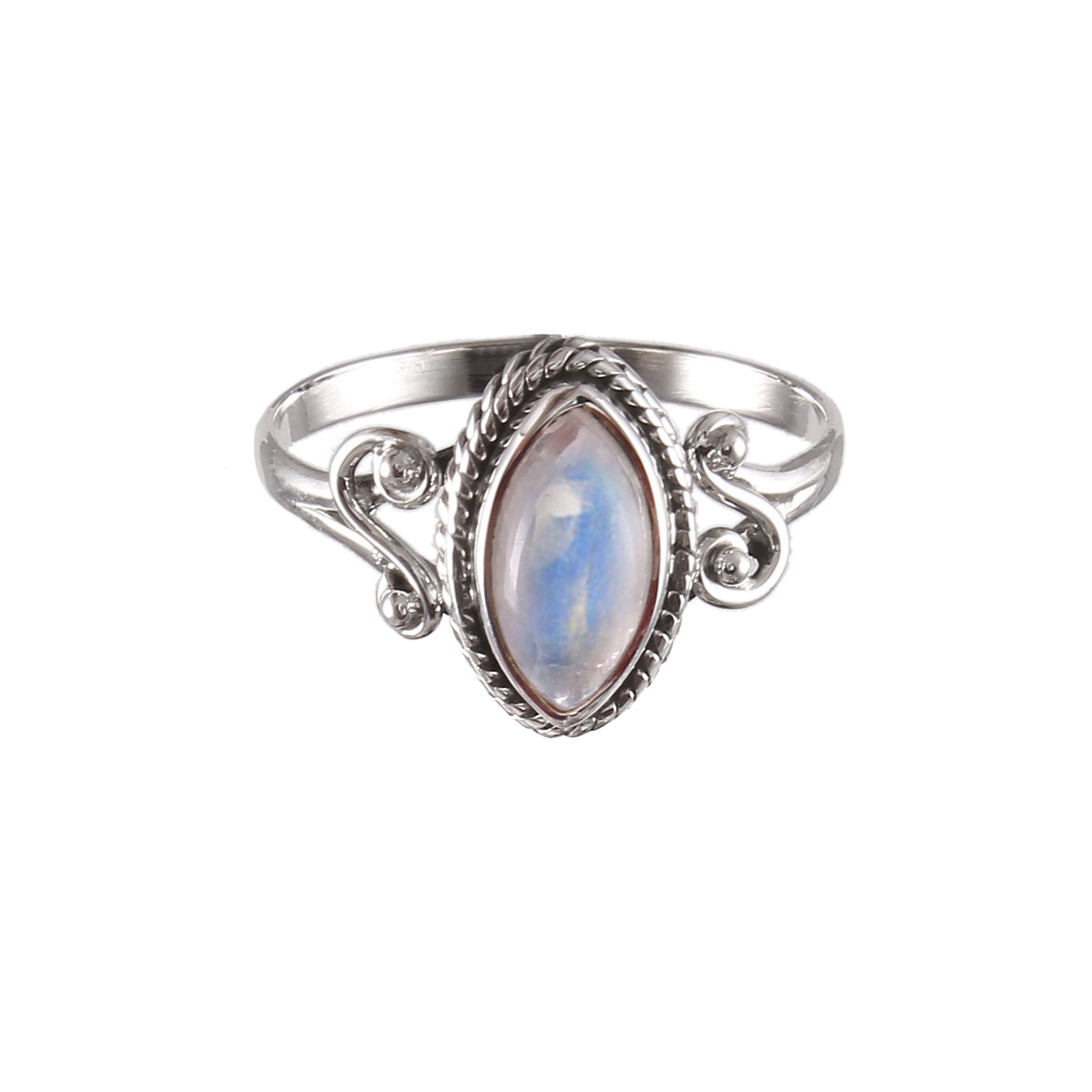Women's 925 Sterling Silver Bezel Setting Marquise Rainbow Moonstone Ring