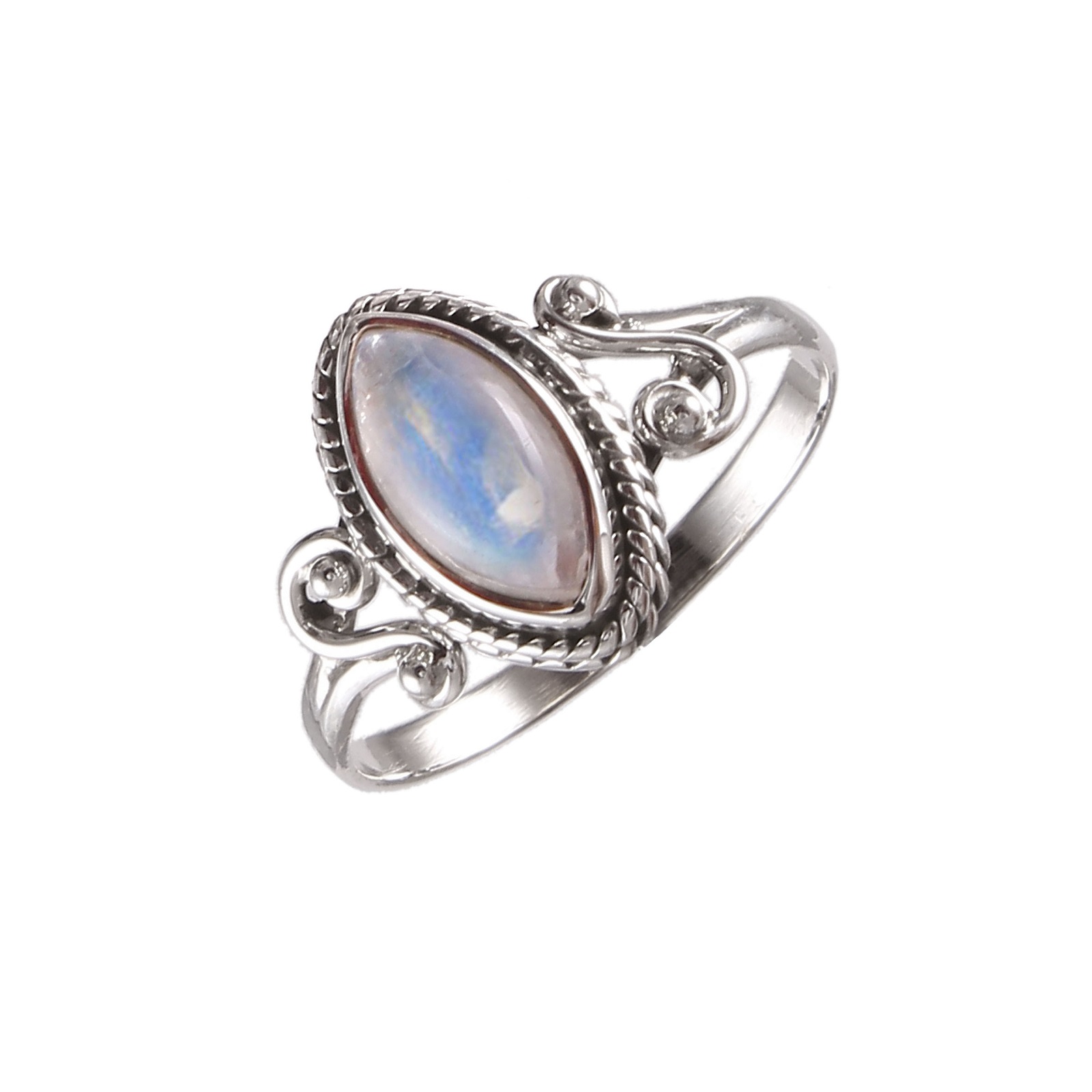 Women's 925 Sterling Silver Bezel Setting Marquise Rainbow Moonstone Ring
