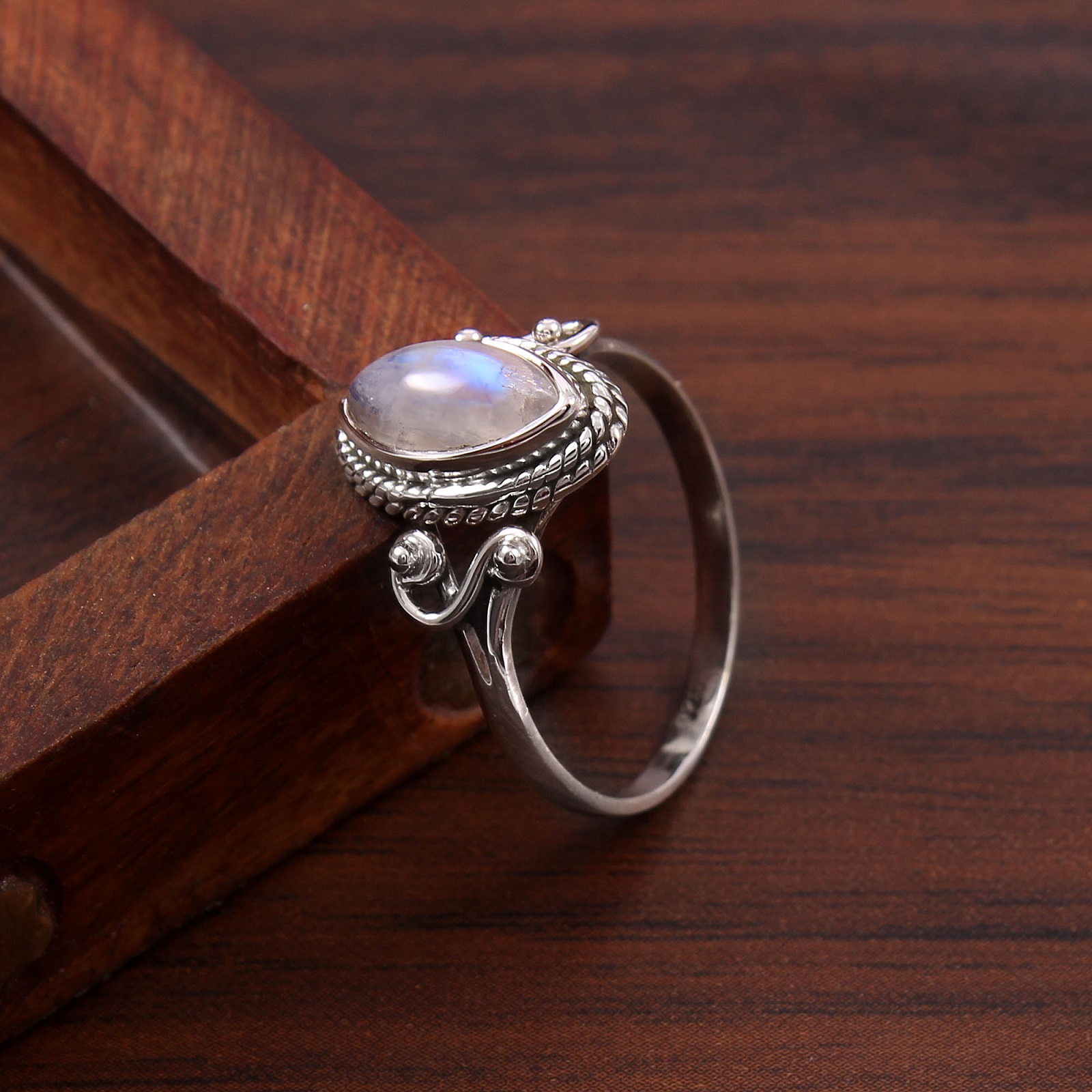 Women's 925 Sterling Silver Bezel Setting Marquise Rainbow Moonstone Ring