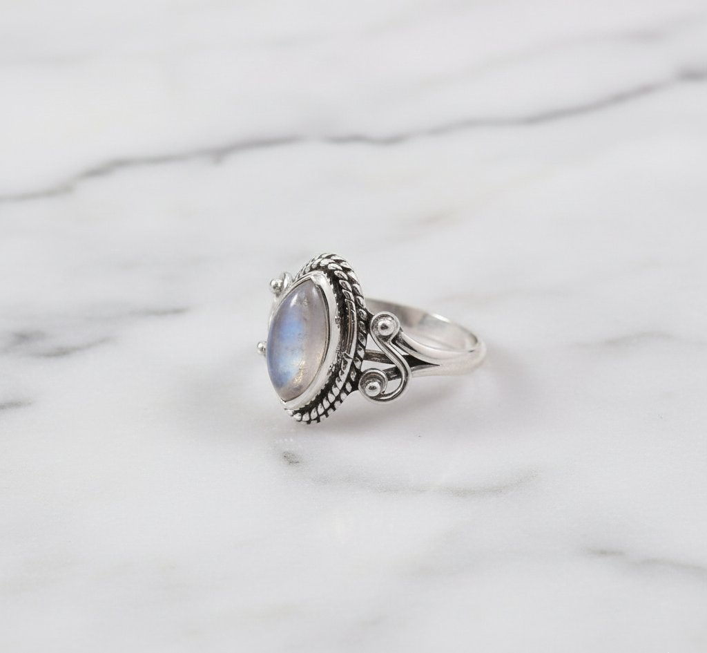 Women's 925 Sterling Silver Bezel Setting Marquise Rainbow Moonstone Ring