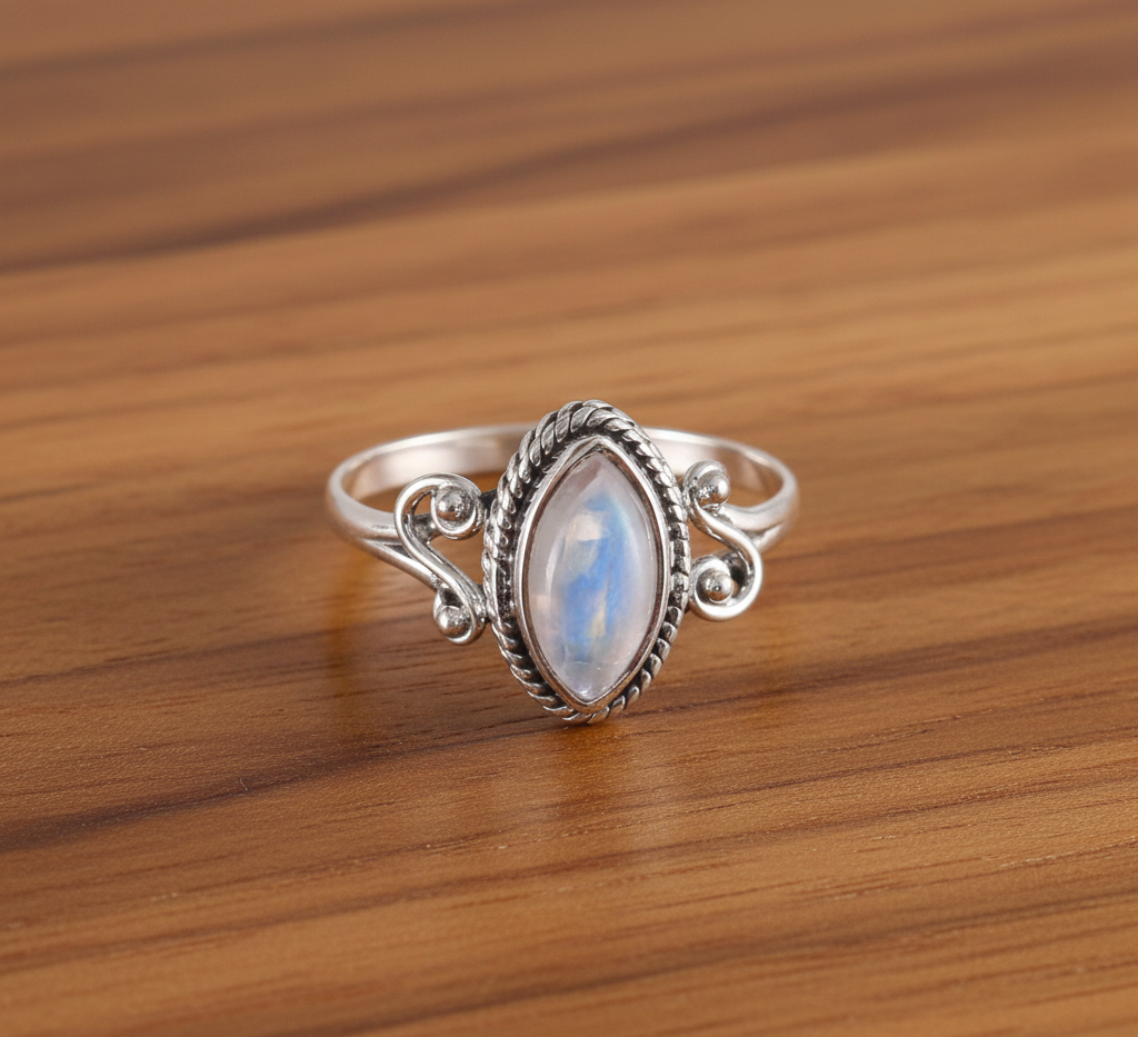 Women's 925 Sterling Silver Bezel Setting Marquise Rainbow Moonstone Ring