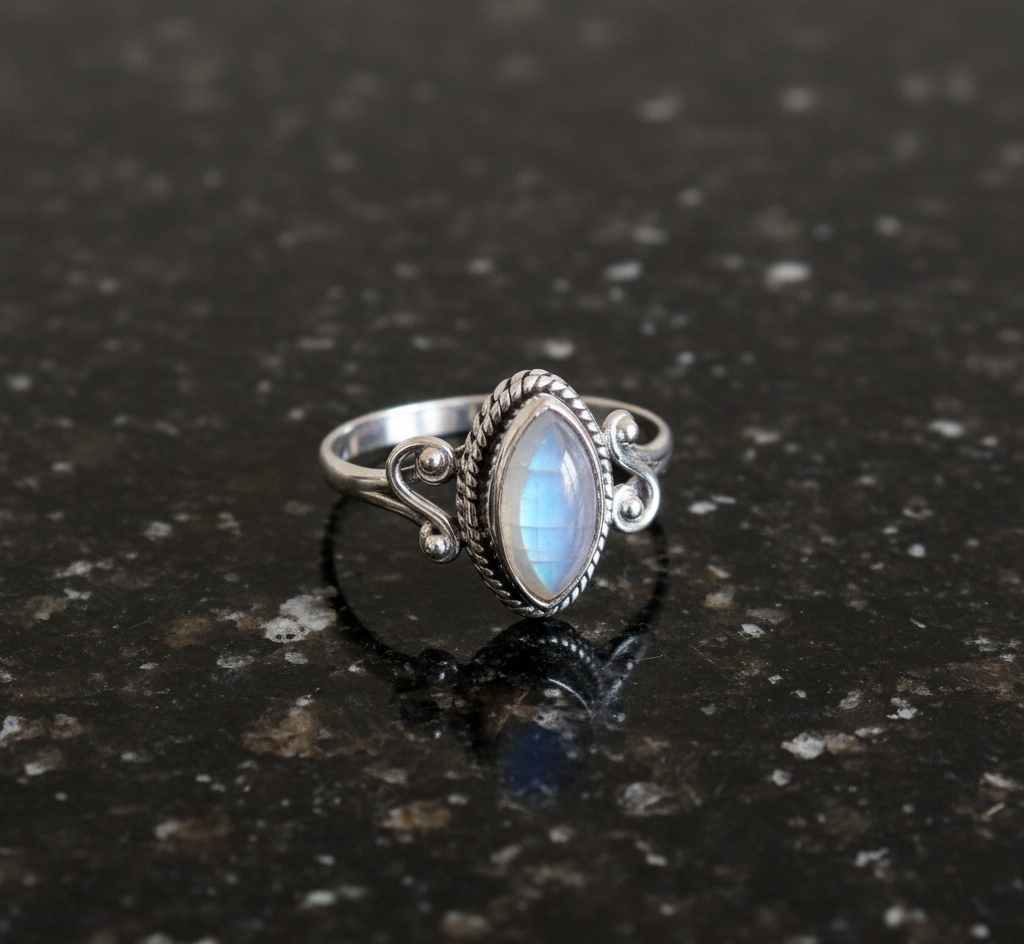 Women's 925 Sterling Silver Bezel Setting Marquise Rainbow Moonstone Ring