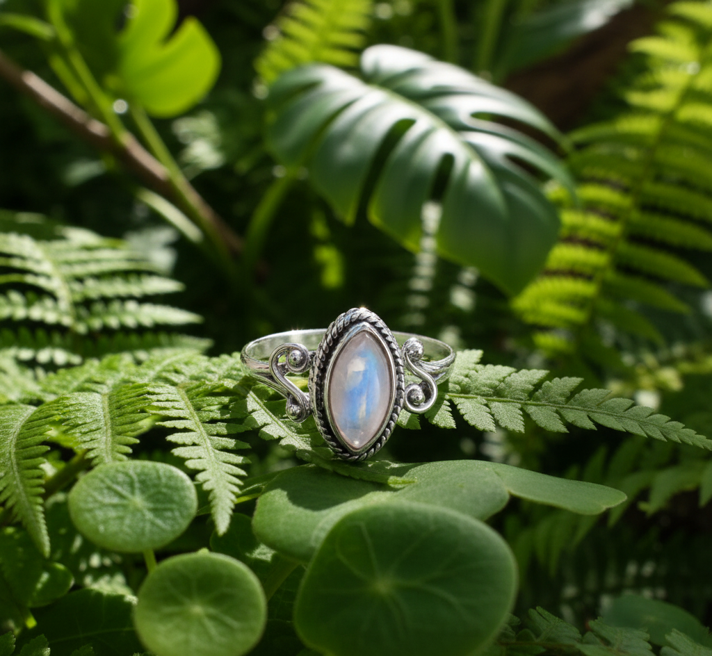 Women's 925 Sterling Silver Bezel Setting Marquise Rainbow Moonstone Ring