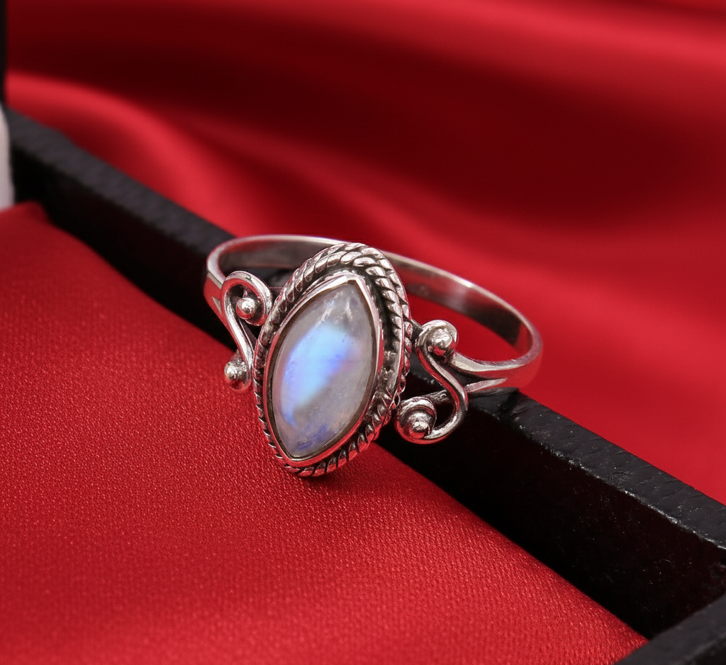 Women's 925 Sterling Silver Bezel Setting Marquise Rainbow Moonstone Ring