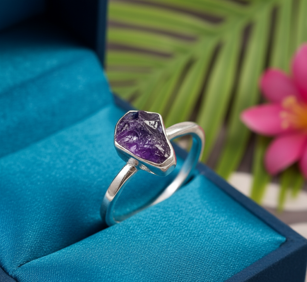 925 Sterling Silver Bezel Setting Raw Natural Amethyst Handmade Ring