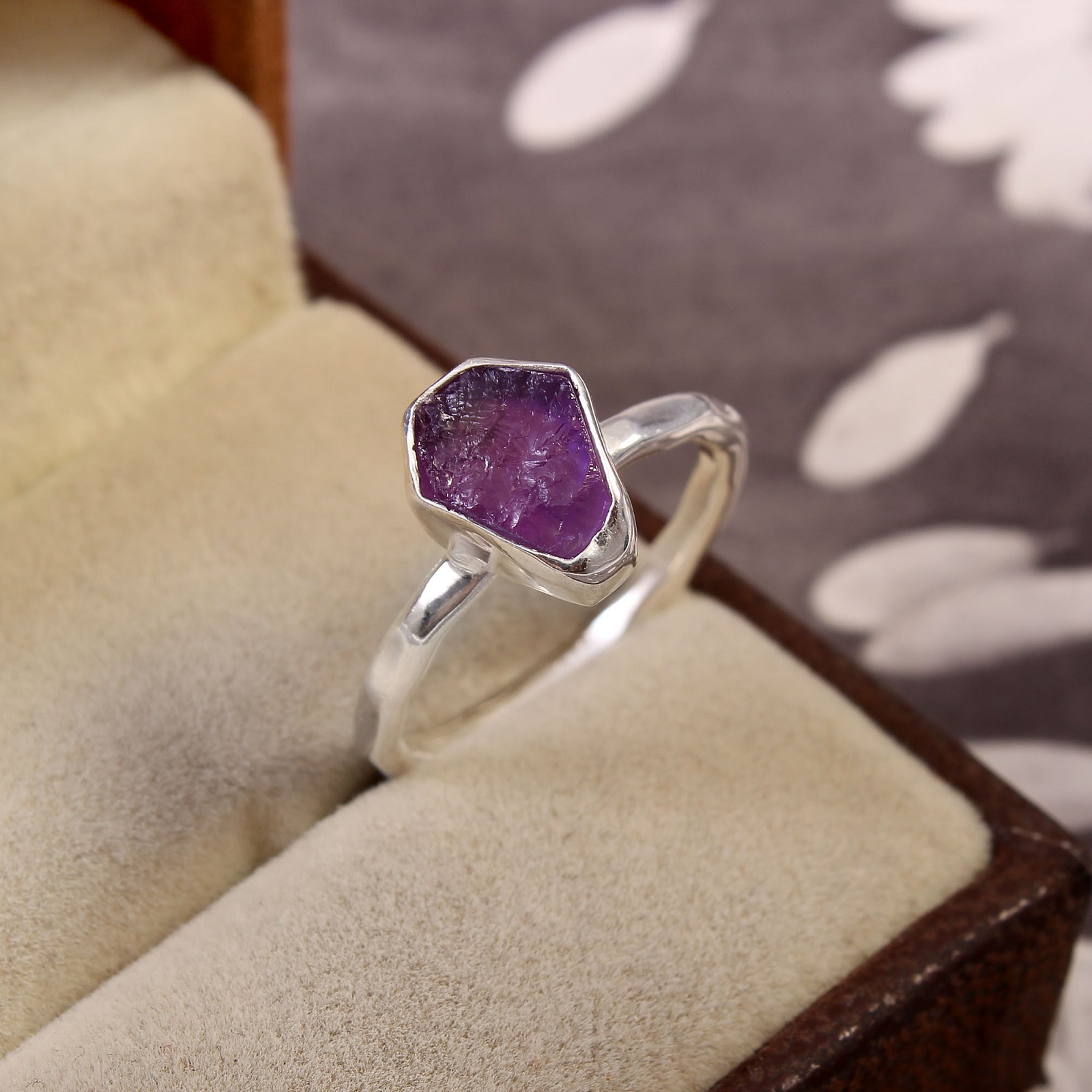 925 Sterling Silver Bezel Setting Raw Natural Amethyst Handmade Ring