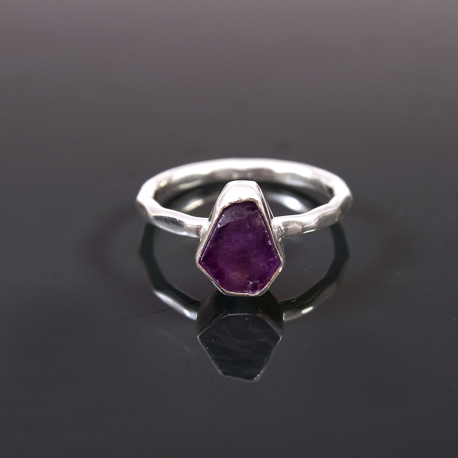 925 Sterling Silver Bezel Setting Raw Natural Amethyst Handmade Ring