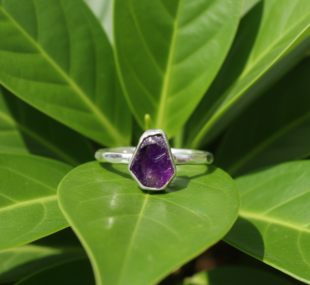 925 Sterling Silver Bezel Setting Raw Natural Amethyst Handmade Ring
