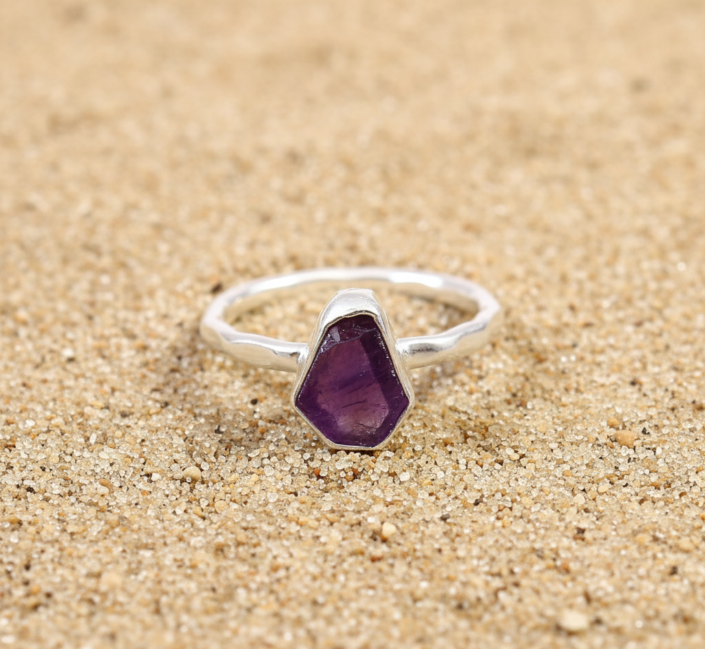 925 Sterling Silver Bezel Setting Raw Natural Amethyst Handmade Ring