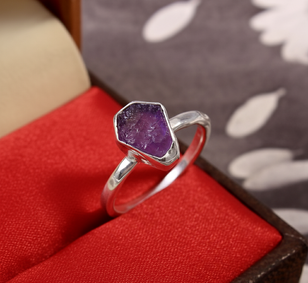 925 Sterling Silver Bezel Setting Raw Natural Amethyst Handmade Ring