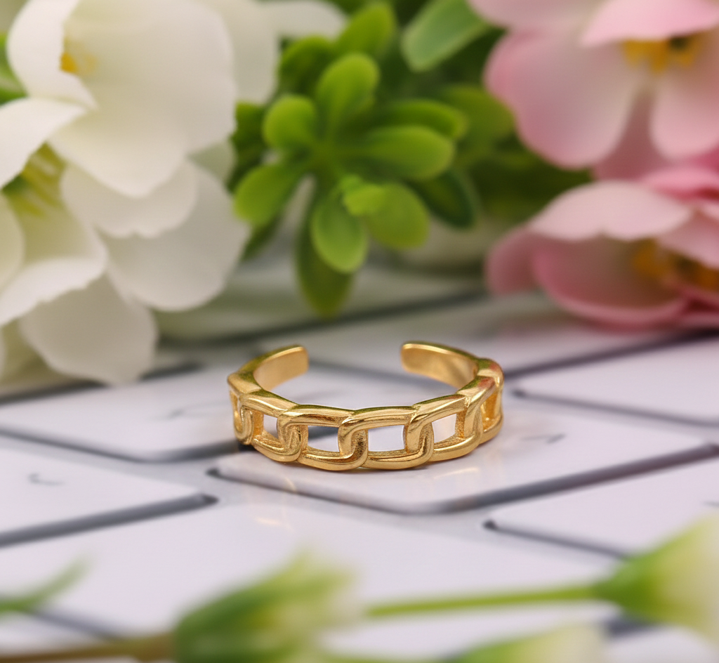 Adjustable 925 Sterling Link Pattern Gold Plated Ring