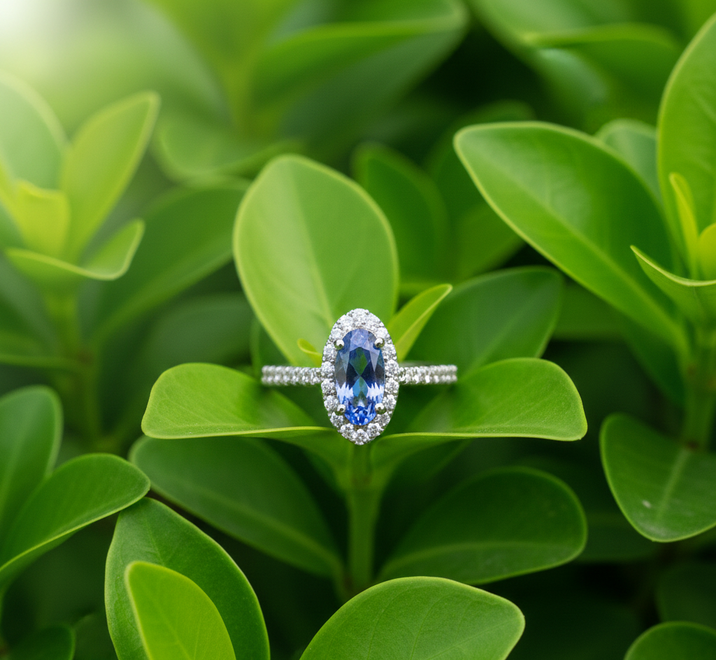 925 Sterling Silver Tanzanite and White CZ Engagement Ring