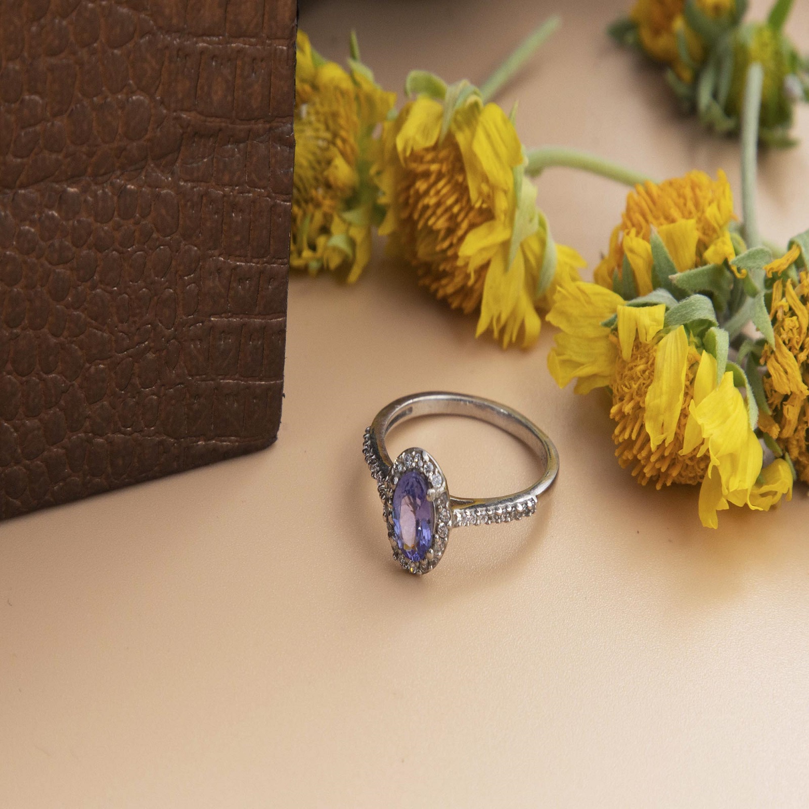 925 Sterling Silver Tanzanite and White CZ Engagement Ring