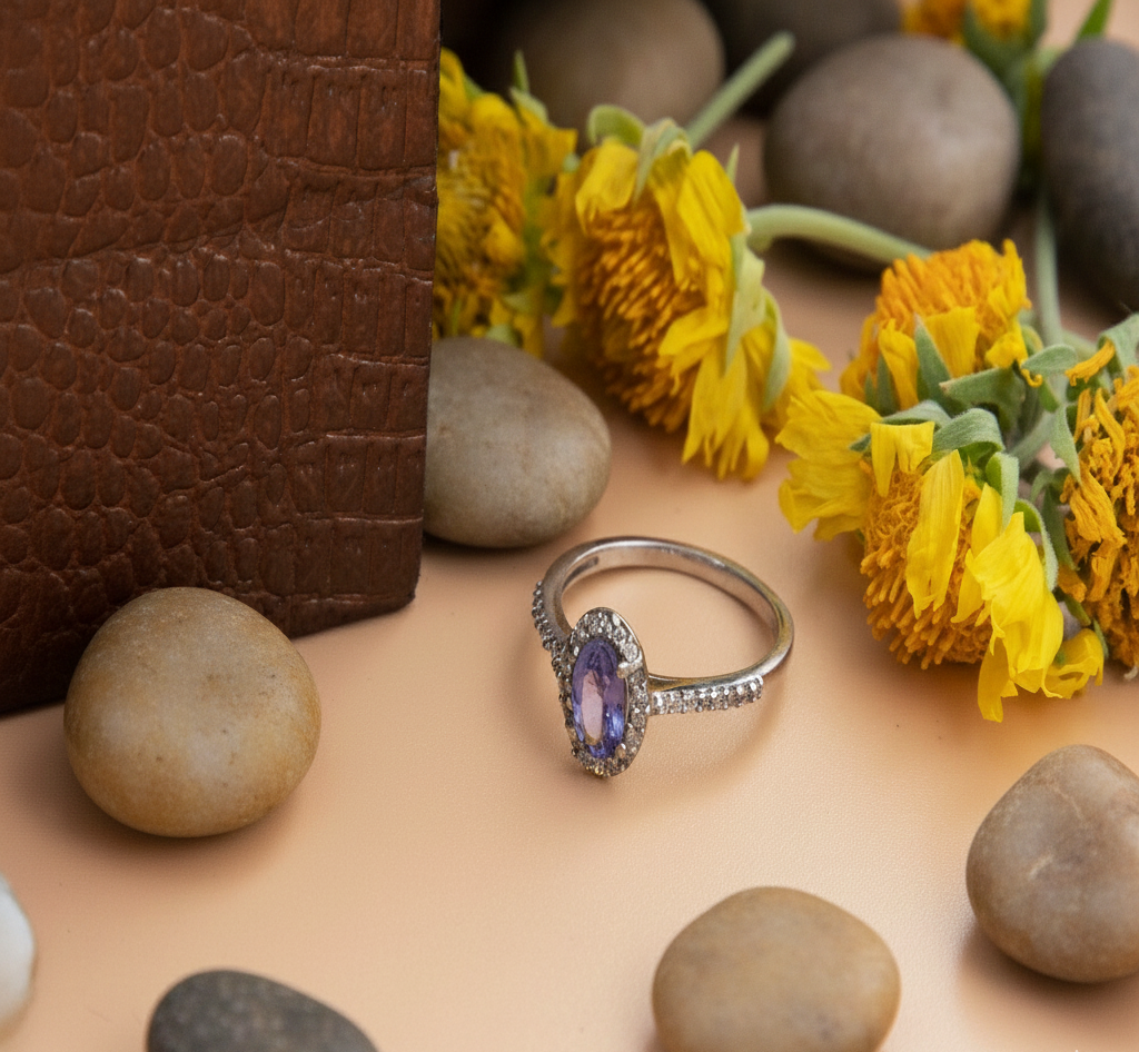 925 Sterling Silver Tanzanite and White CZ Engagement Ring